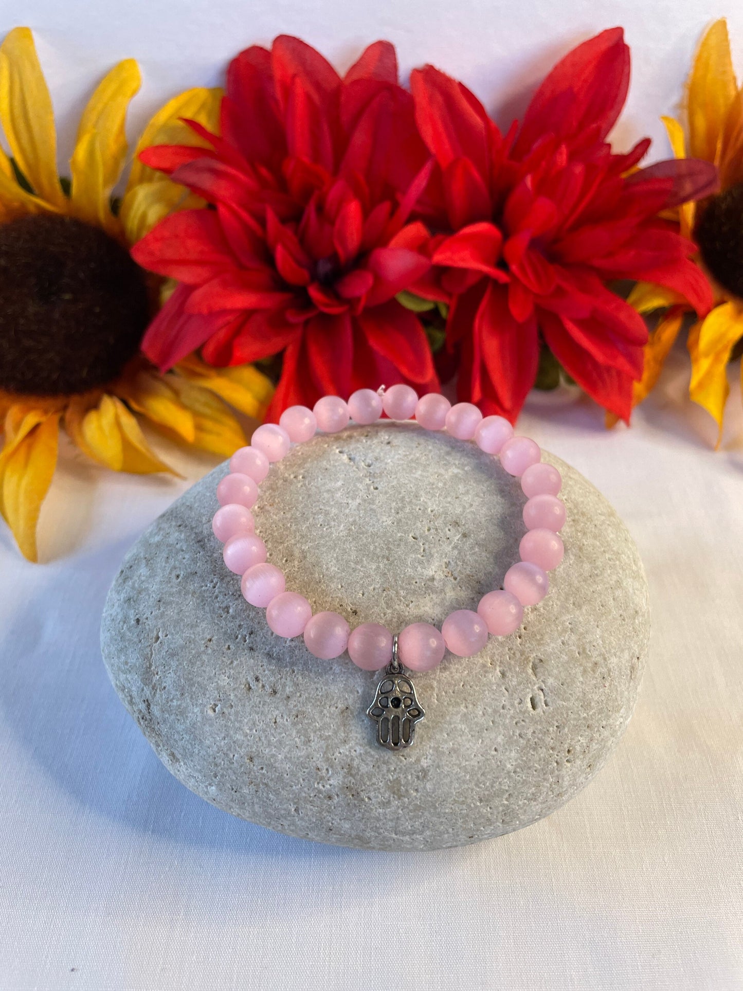 Pink Cats Eye, w/Hamsa Hand Healing Bracelet.