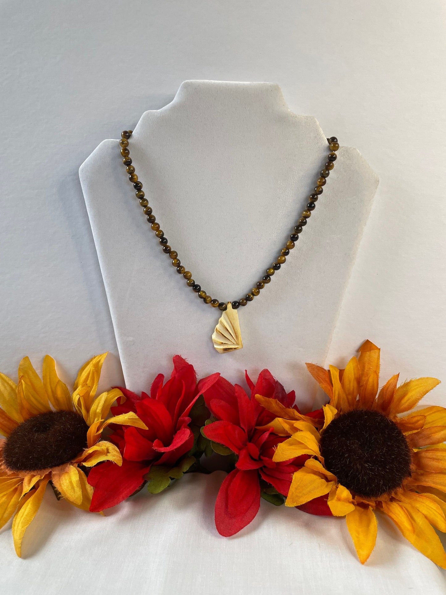 Tiger Eye Stones w/Carved Ivory Pendant, Healing Necklace.