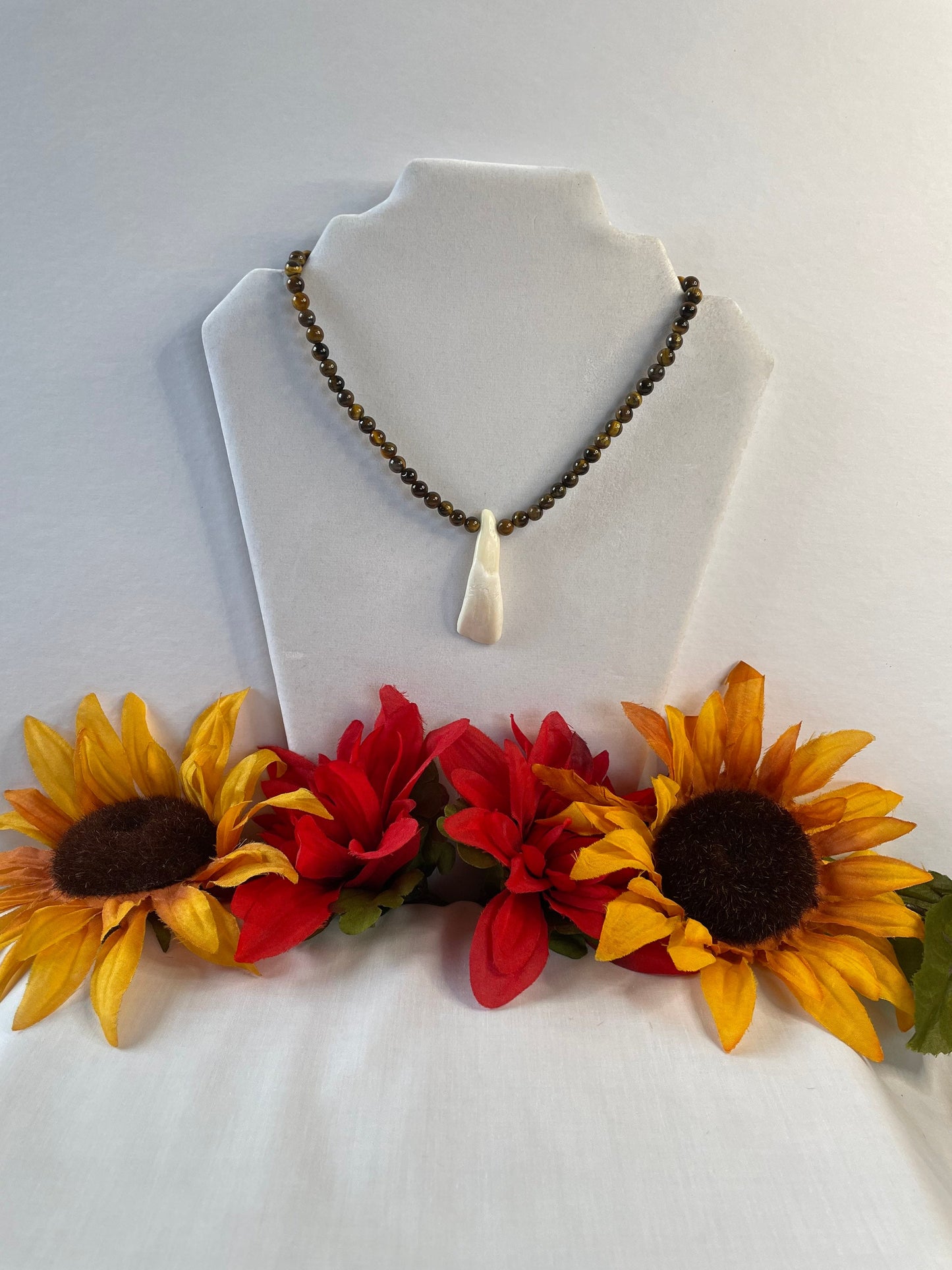 Tiger Eye Stones w/ Water Buffalo Tooth Pendant, Healing Necklace.