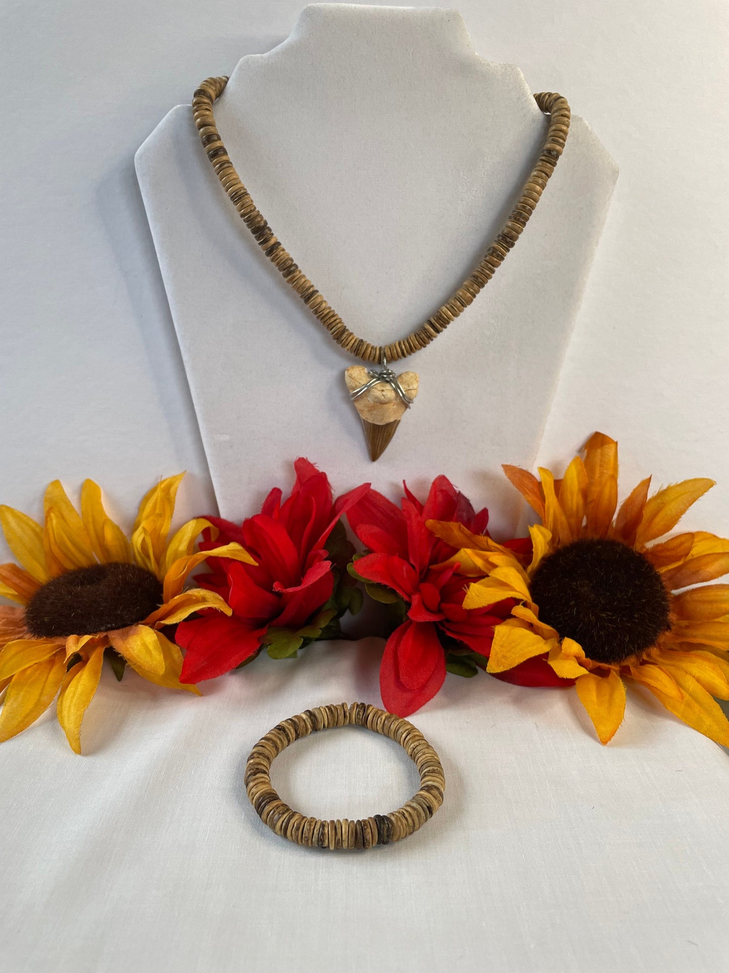 Natural Wood Beaded w/Shark Tooth Pendant, Healing Necklace.