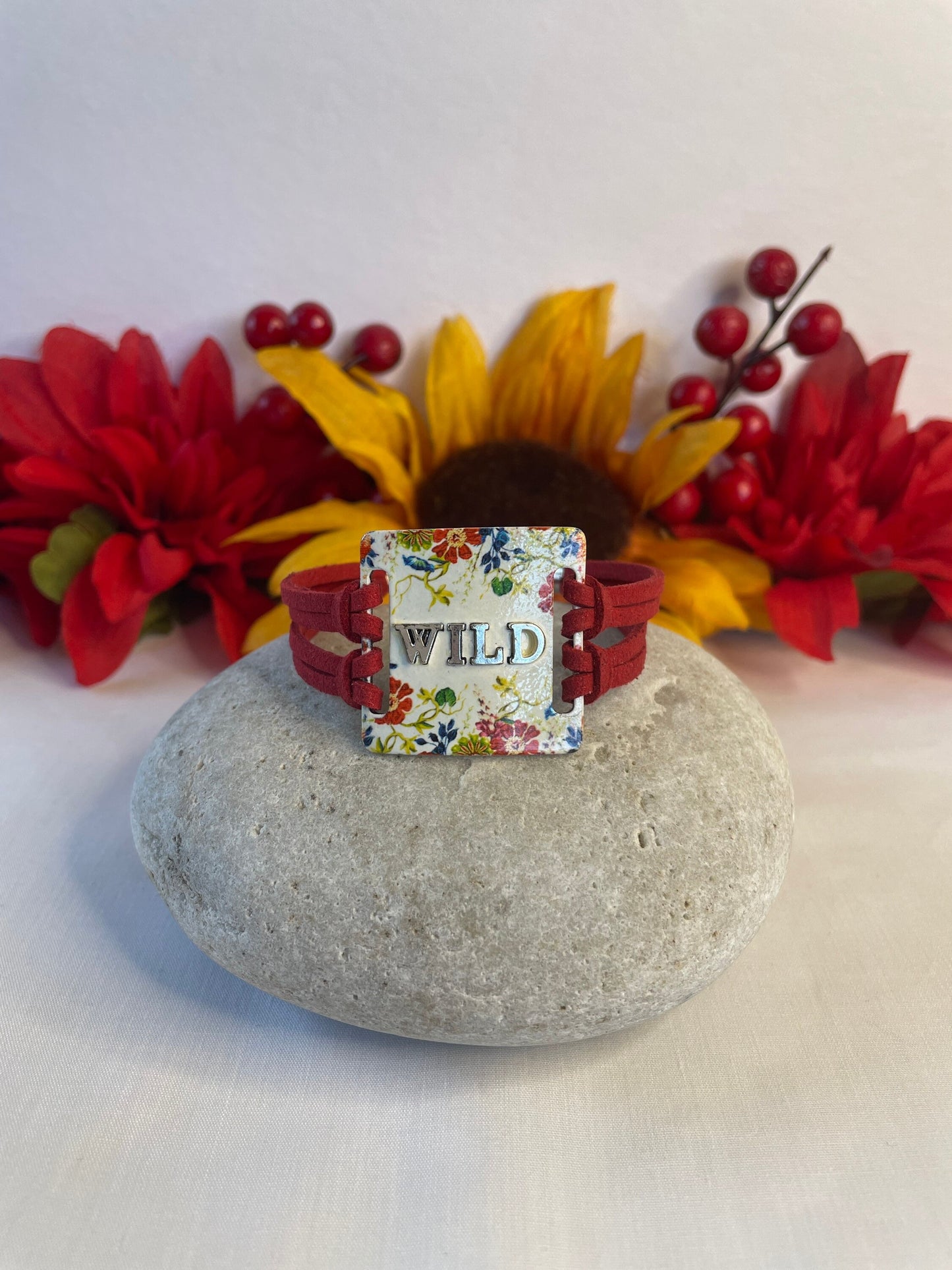 Wild, Red Suede Metal Quoted Bracelet.