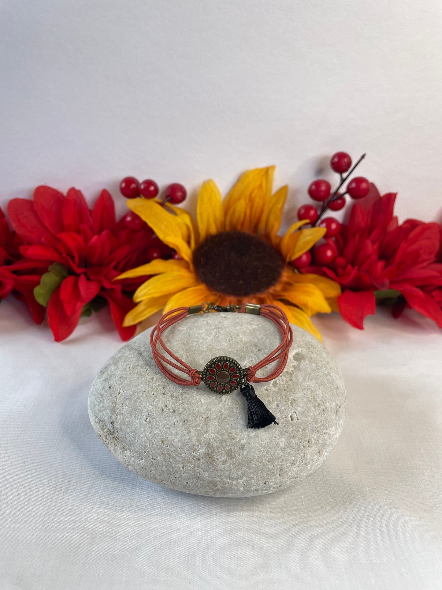 Pendant w/Blk Tassel, Rust Hemp Inspirational Quoted Bracelet.