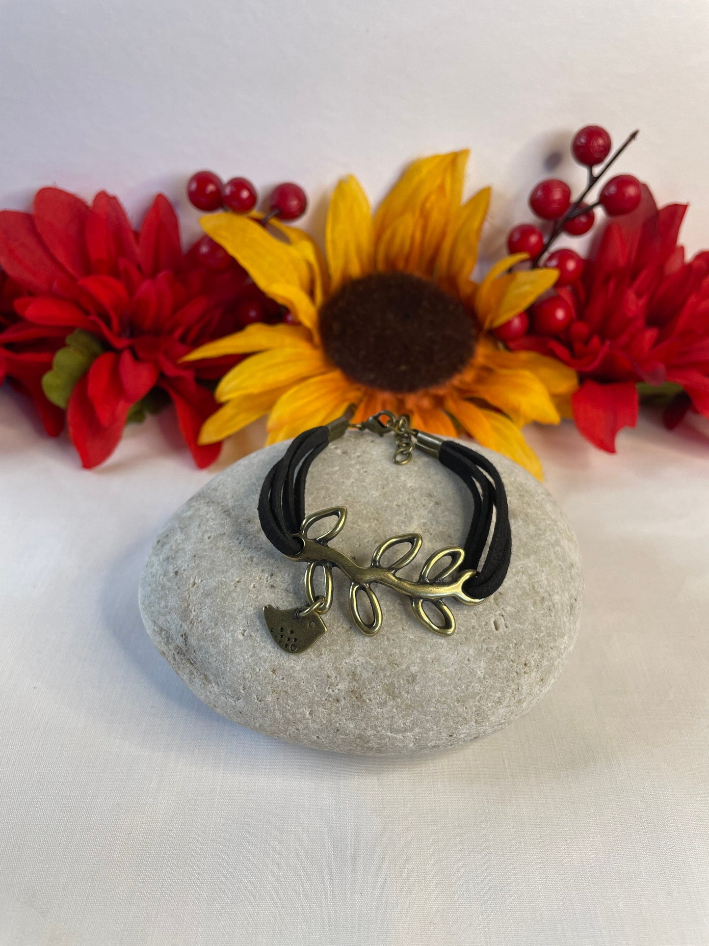 Branch w/ Singing Bird, Black Suede Metal Inspirational  Bracelet.