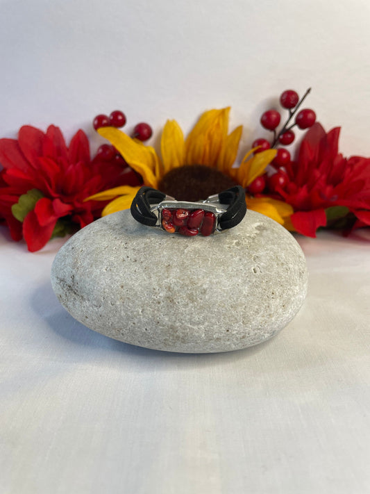 Red Bamboo Coral, Antique Silver Plated,Black Suede Inspirational Bracelet.
