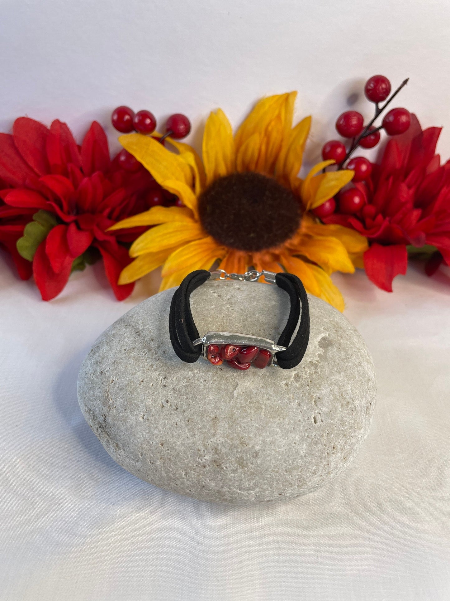 Red Bamboo Coral, Antique Silver Plated,Black Suede Inspirational Bracelet.