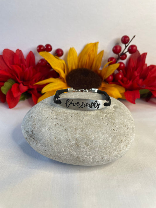 Live Simply, Black Suede Metal Inspirational Quote Bracelet.