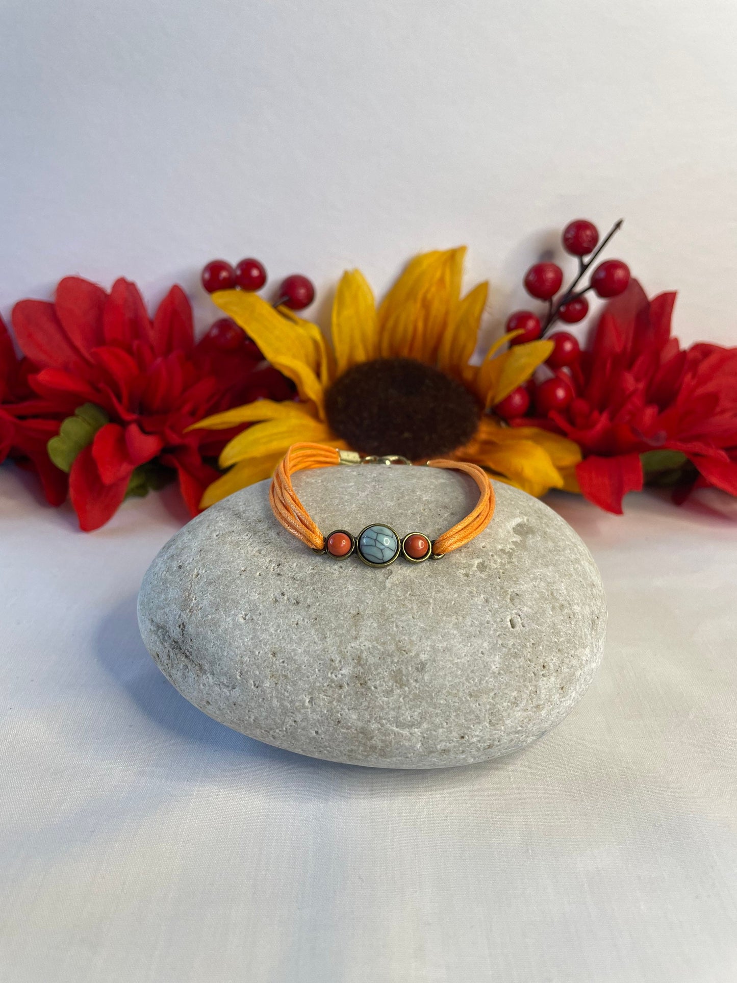 Triple Cabochon, Orange Hemp, Metal Inspirational Quoted Bracelet.