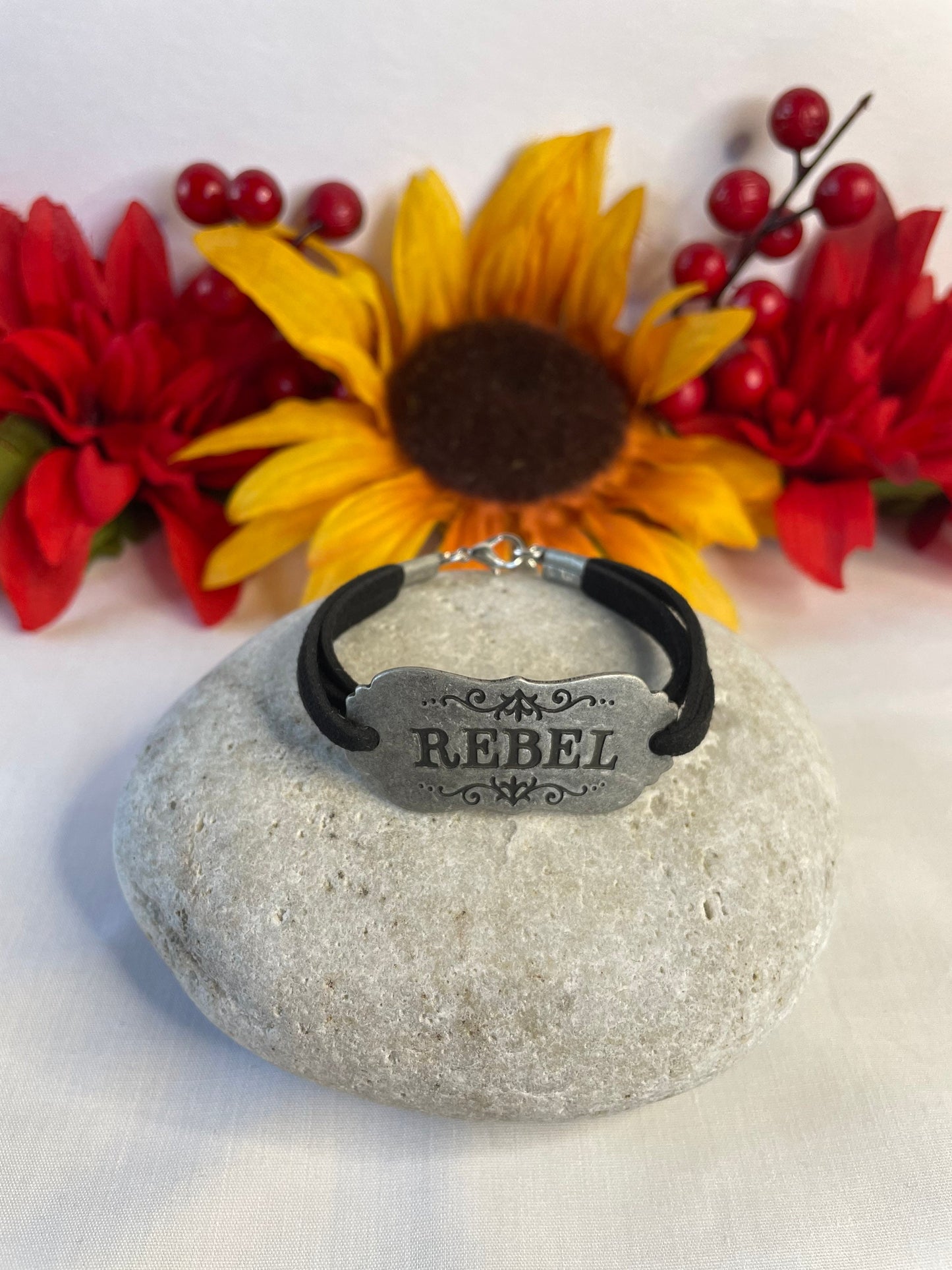 Rebel, Black Suede Metal Inspirational Quoted Bracelet.