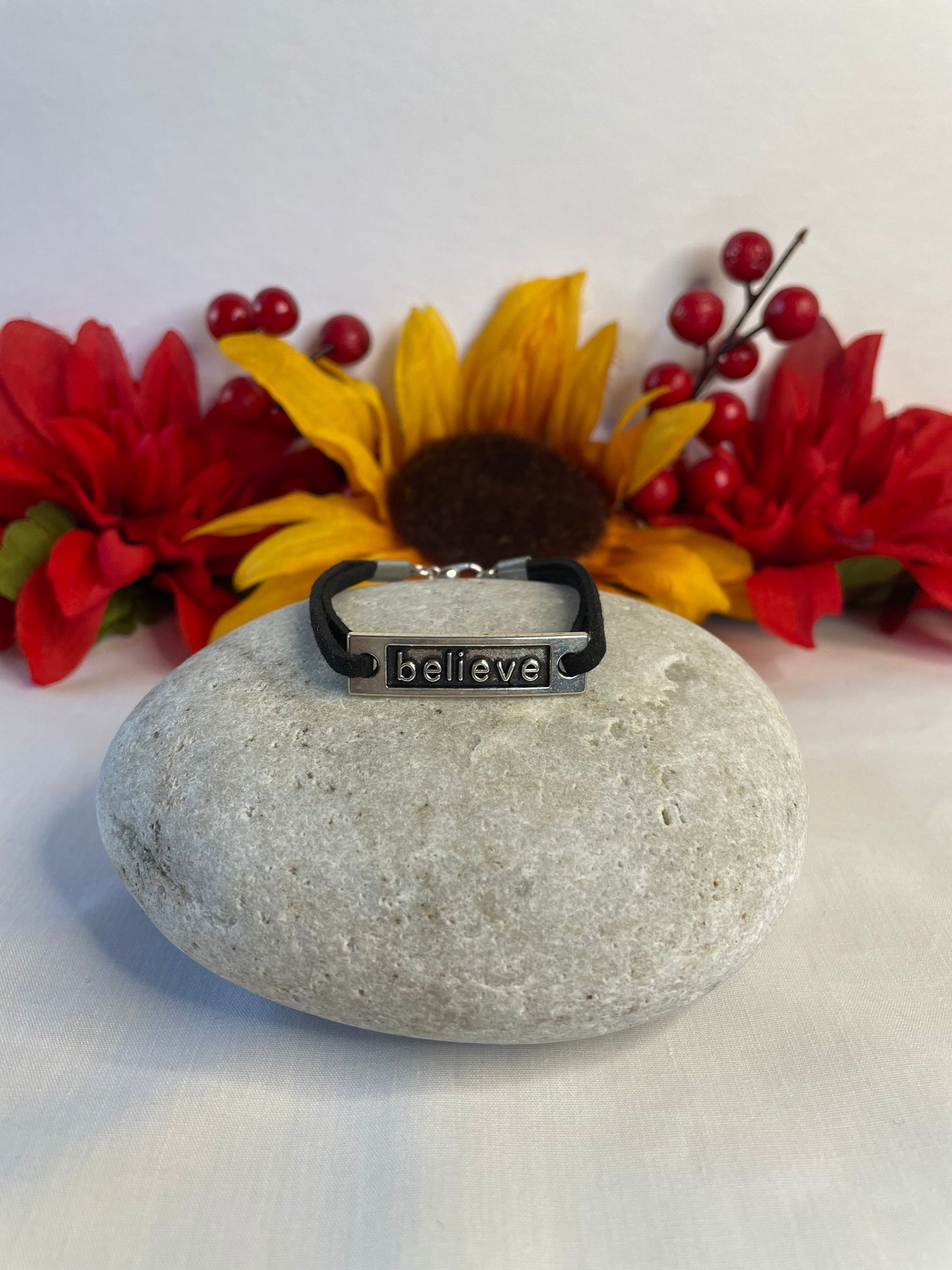 Believe,  Black Suede Corded Metal Inspirational Quoted Bracelet.