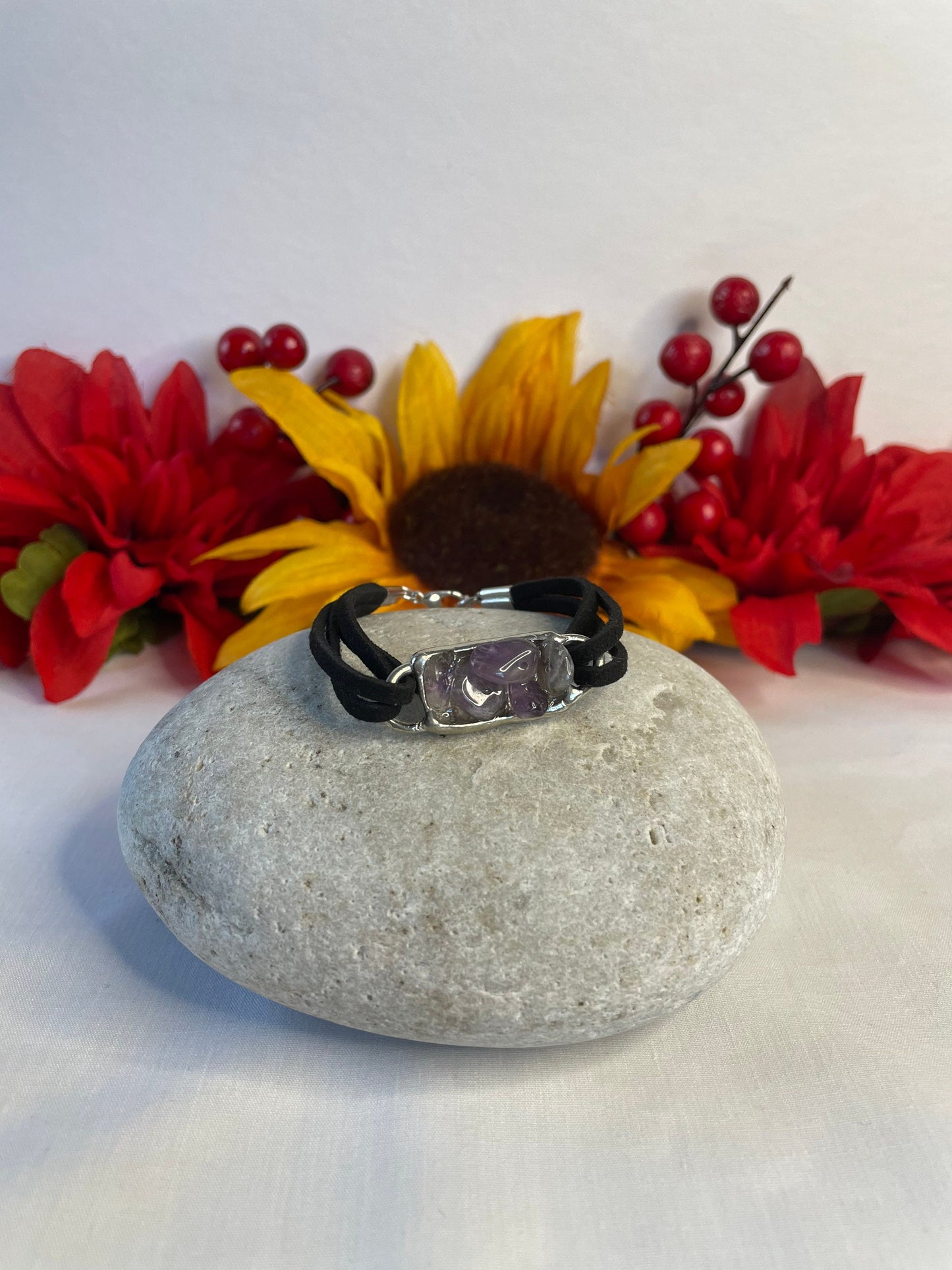 Amethyst , Antique Silver Plated,Black Suede Inspirational Bracelet.