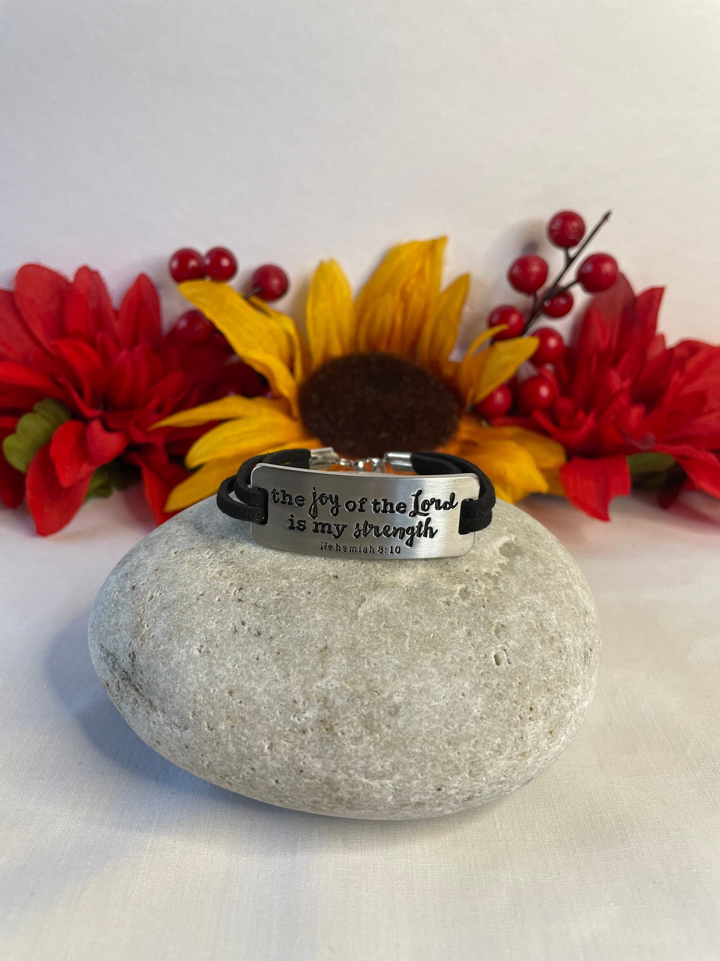 The Joy Of The Lord Is My Strength, Black Suede Metal Bracelet.