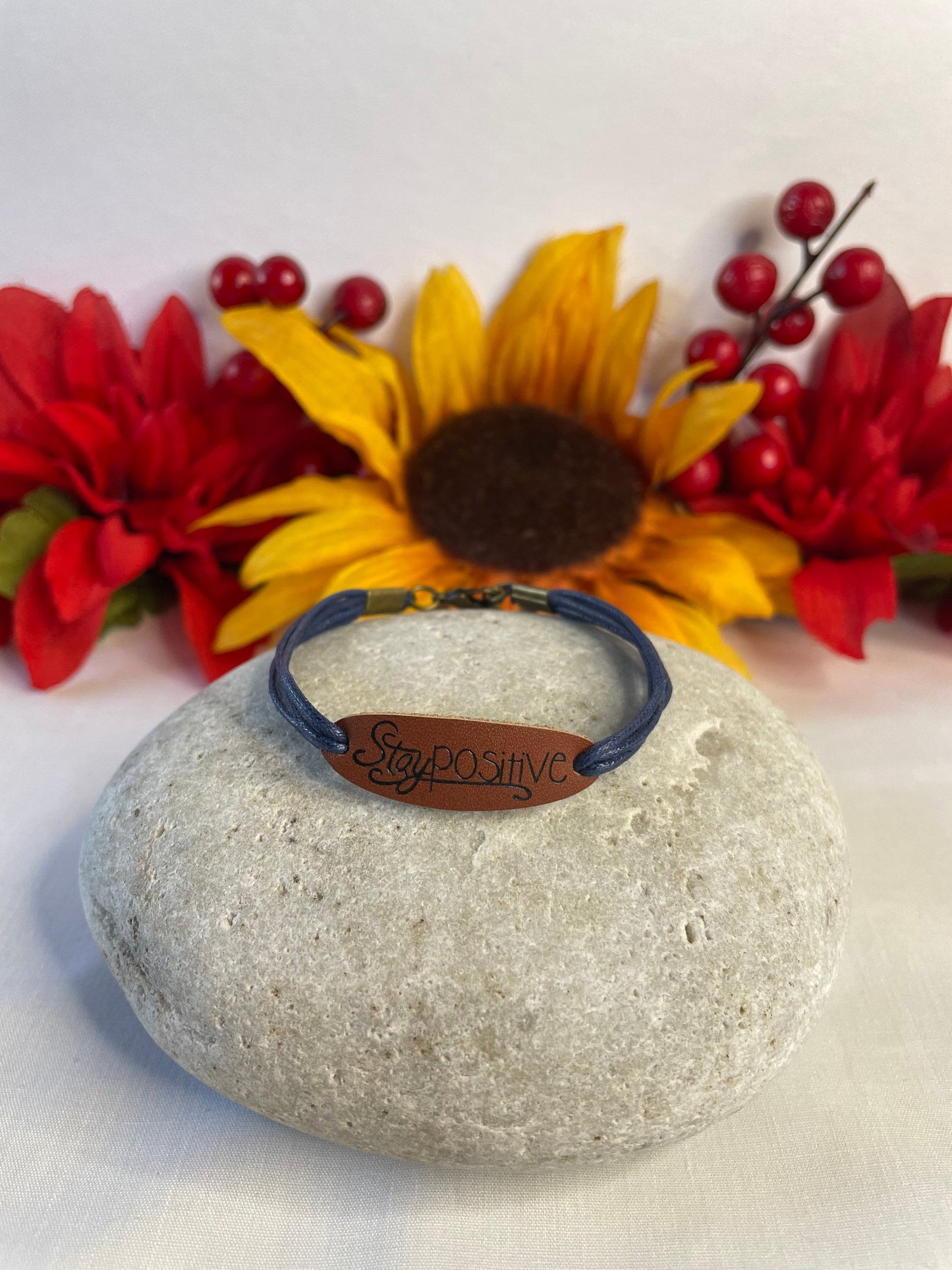 Stay Positive, Leather, Blue Hemp Corded Inspirational Bracelet