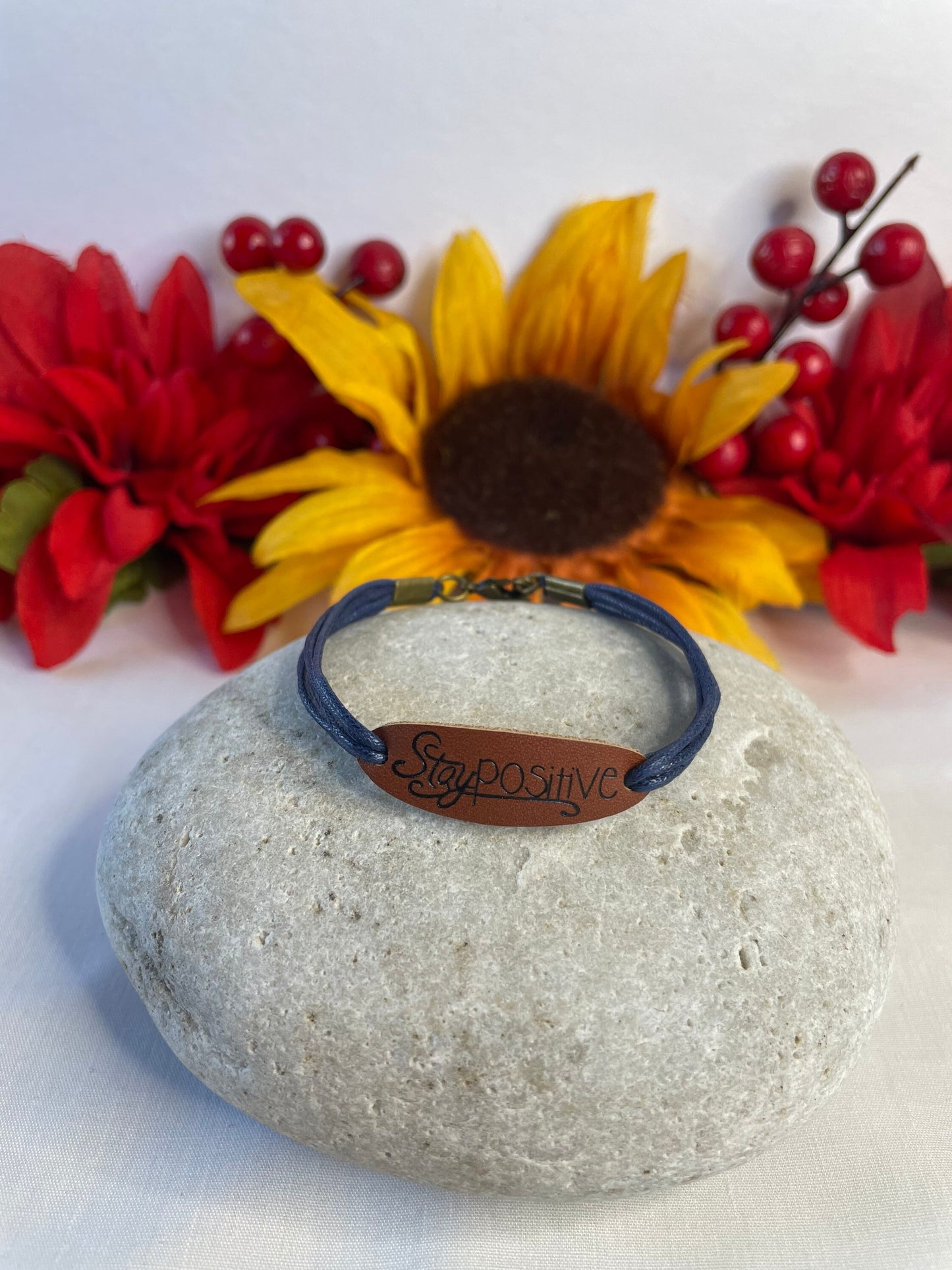 Stay Positive, Leather, Blue Hemp Corded Inspirational Bracelet