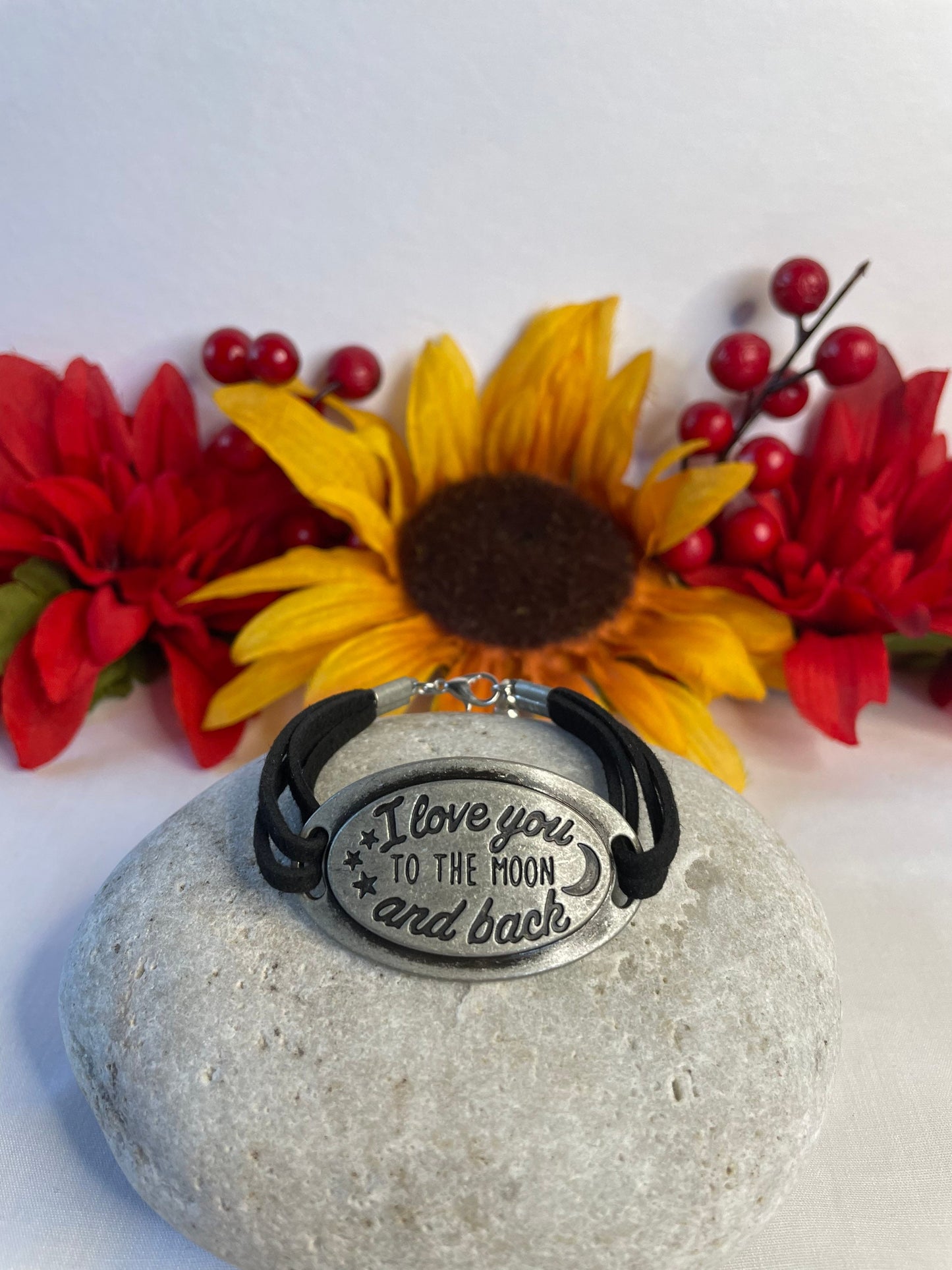 I Love You To The Moon And Back, Black Suede Corded Metal Inspirational Quote Bracelet.