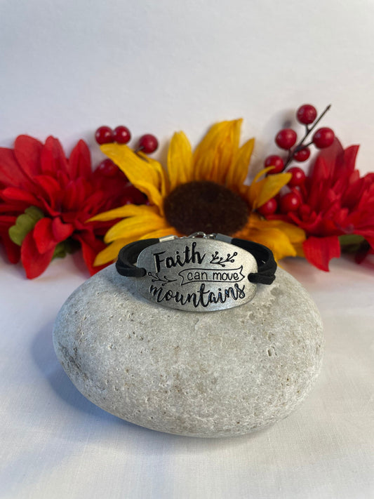 Faith Can Move Mountains, Black Suede Metal Inspirational Bracelet.