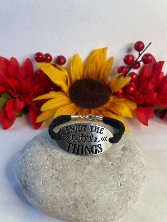 Enjoy The Little Things, Black Suede Metal Inspirational Bracelet.