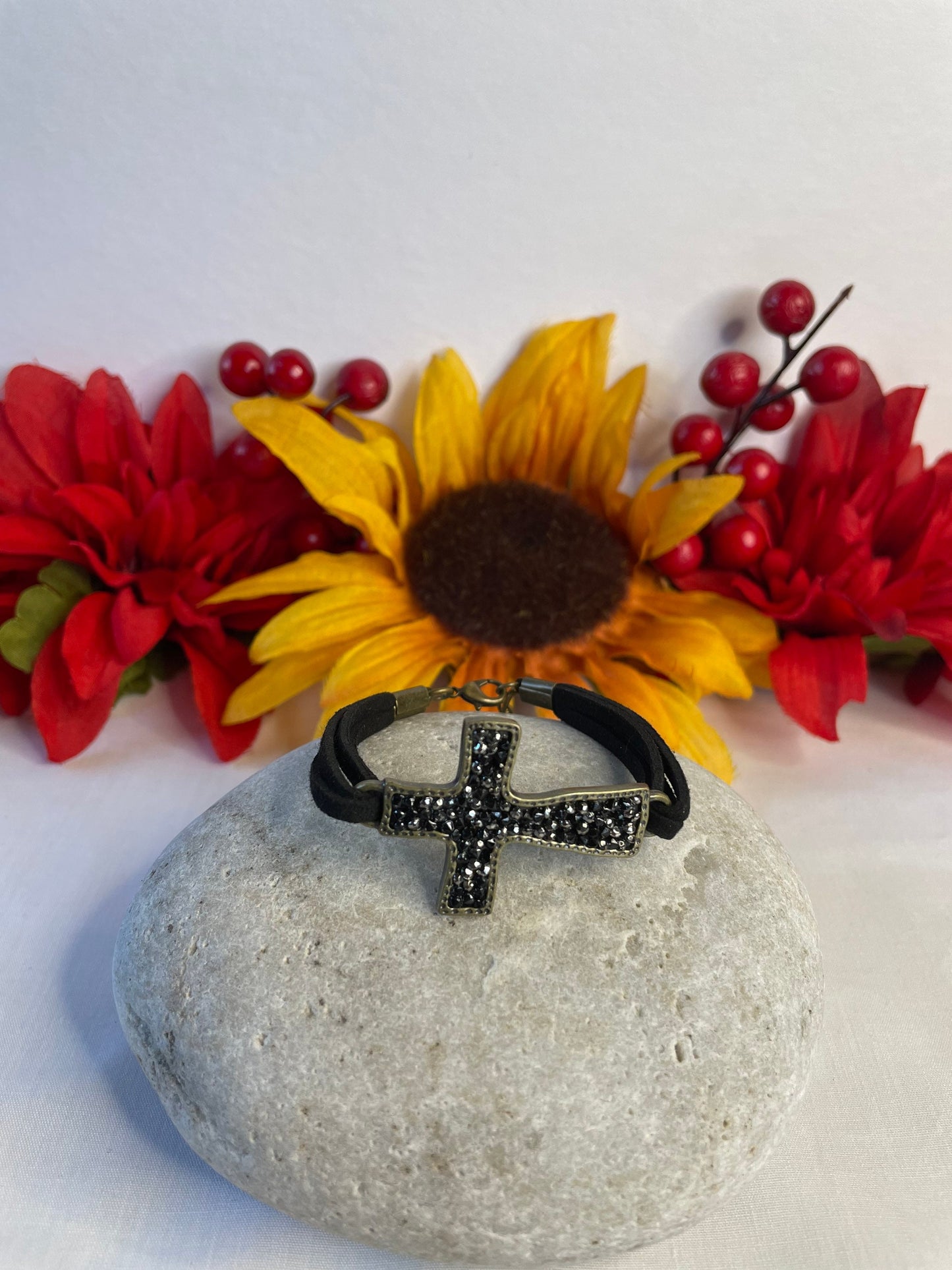 Cross, Black Stones, Black Suede Metal Inspirational Bracelet.