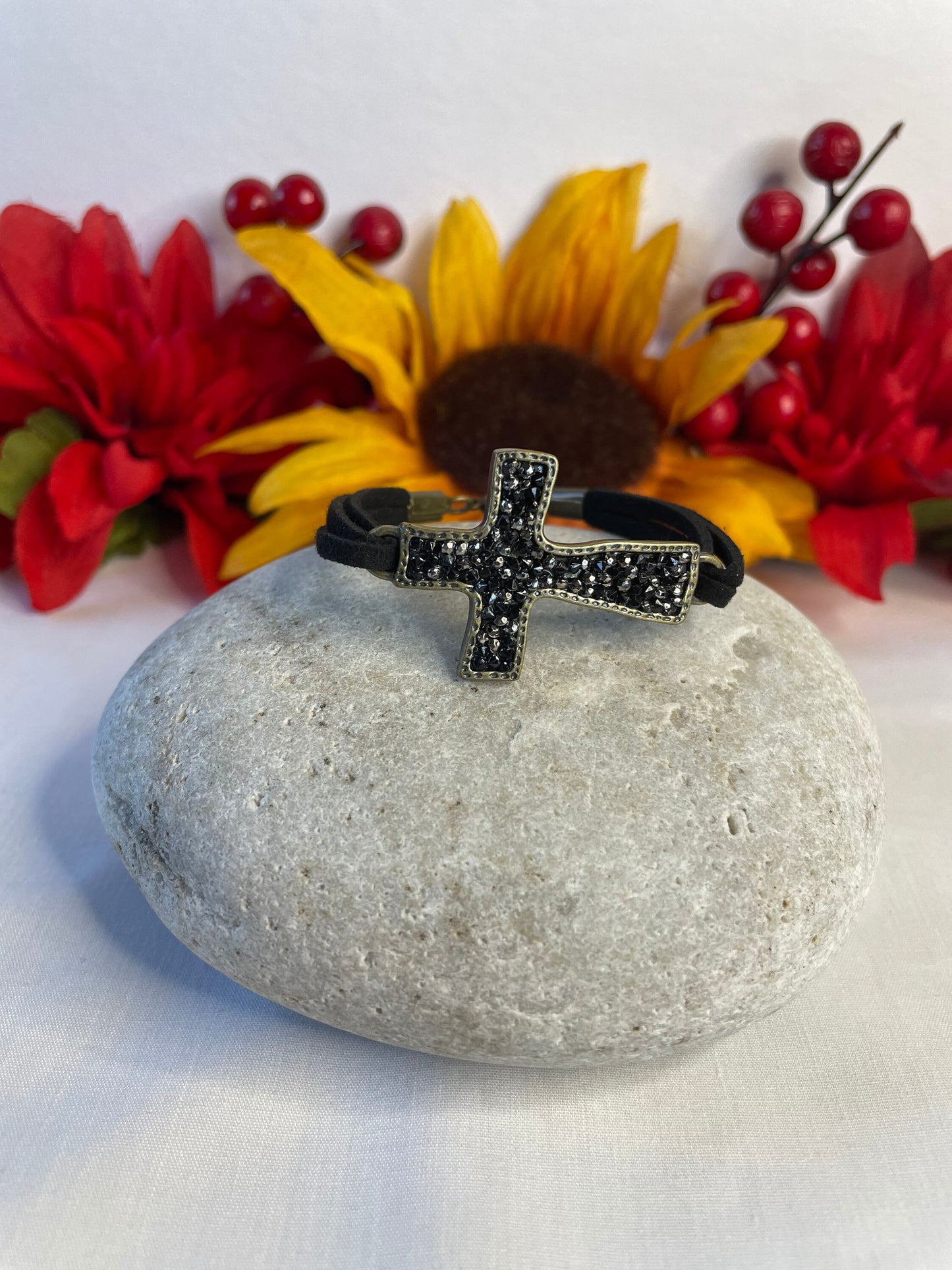 Cross, Black Stones, Black Suede Metal Inspirational Bracelet.