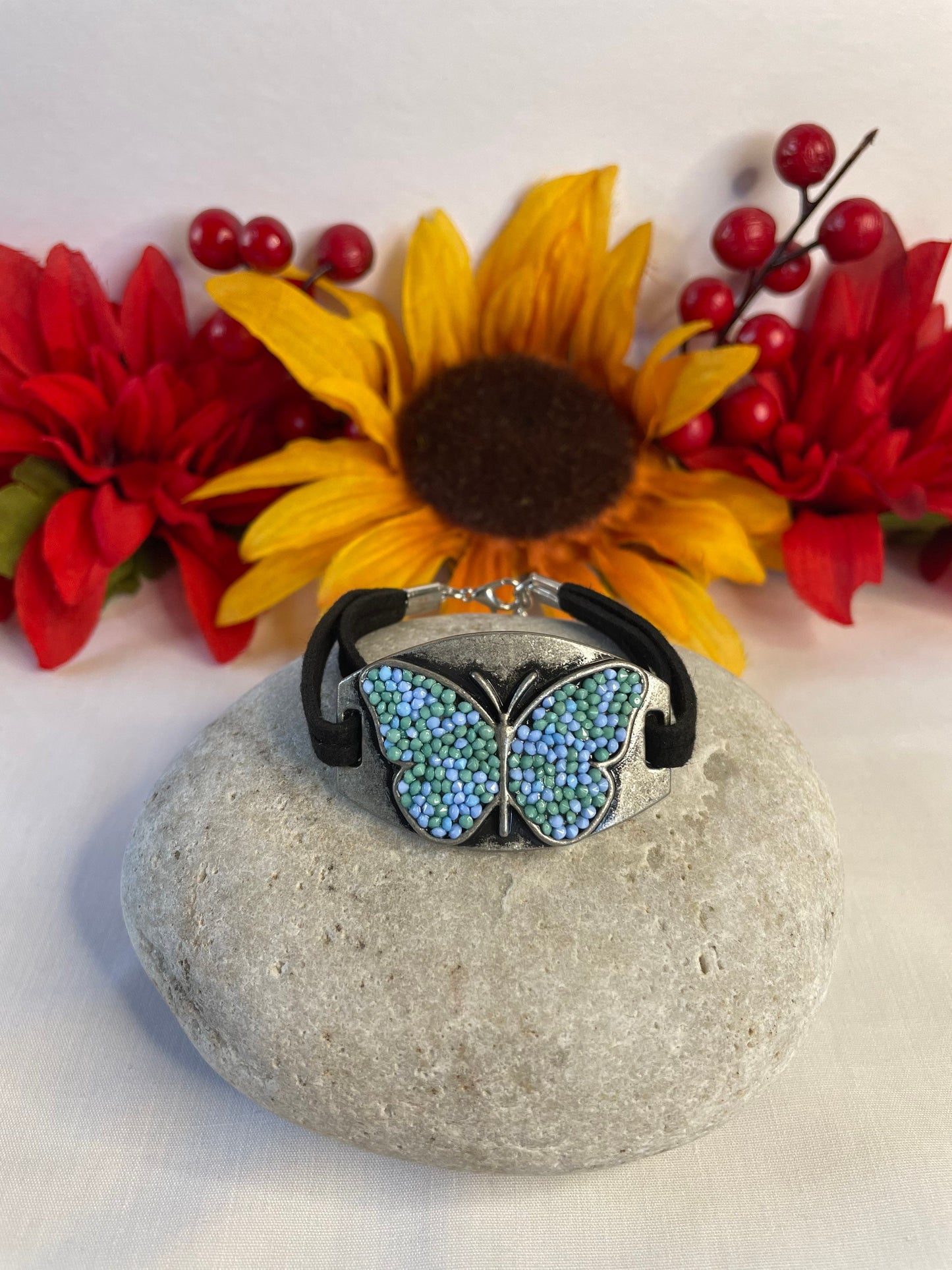 Butterfly , Black Suede Metal Inspirational Quoted Bracelet