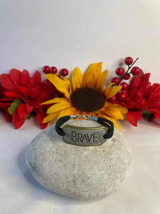 Brave, Black Suede Corded Metal Inspirational Quote Bracelet.