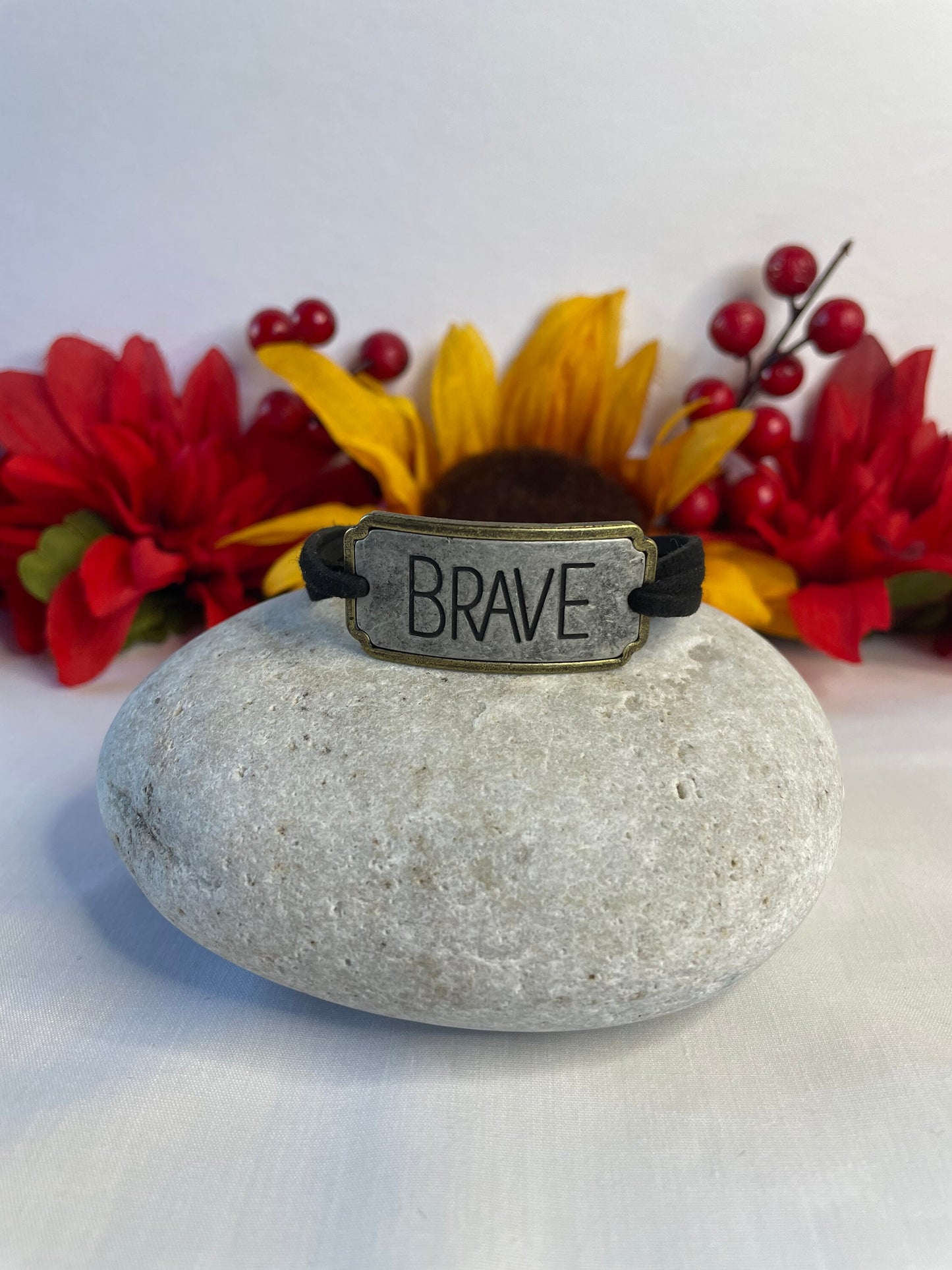 Brave, Black Suede Corded Metal Inspirational Quote Bracelet.