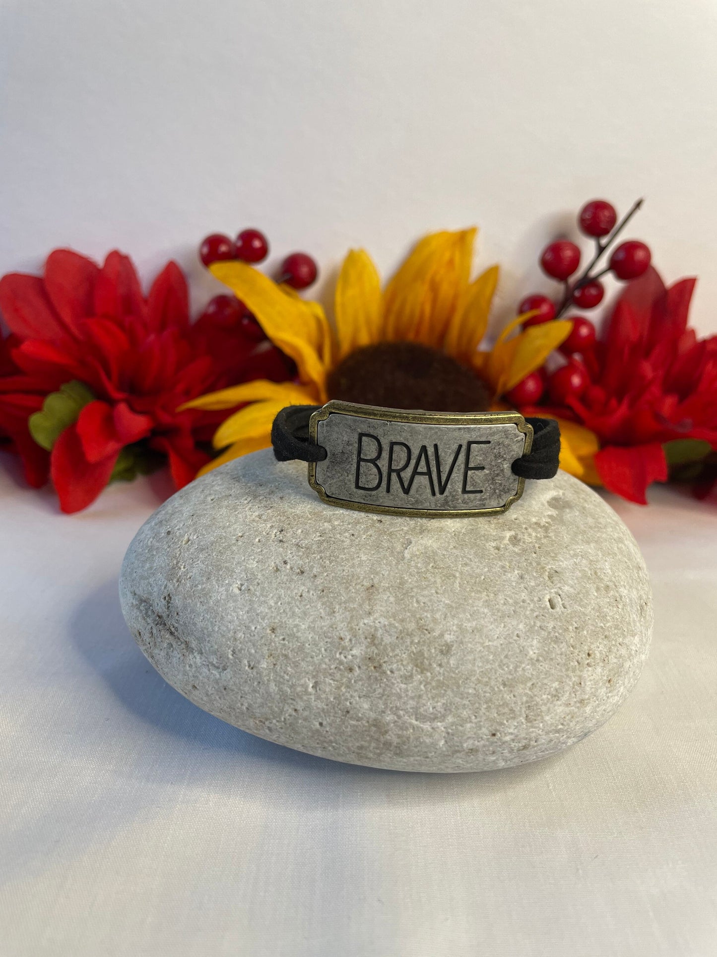 Brave, Black Suede Corded Metal Inspirational Quote Bracelet.