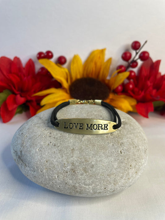 Love More, Black Suede Corded Metal Inspirational Quote Bracelet.