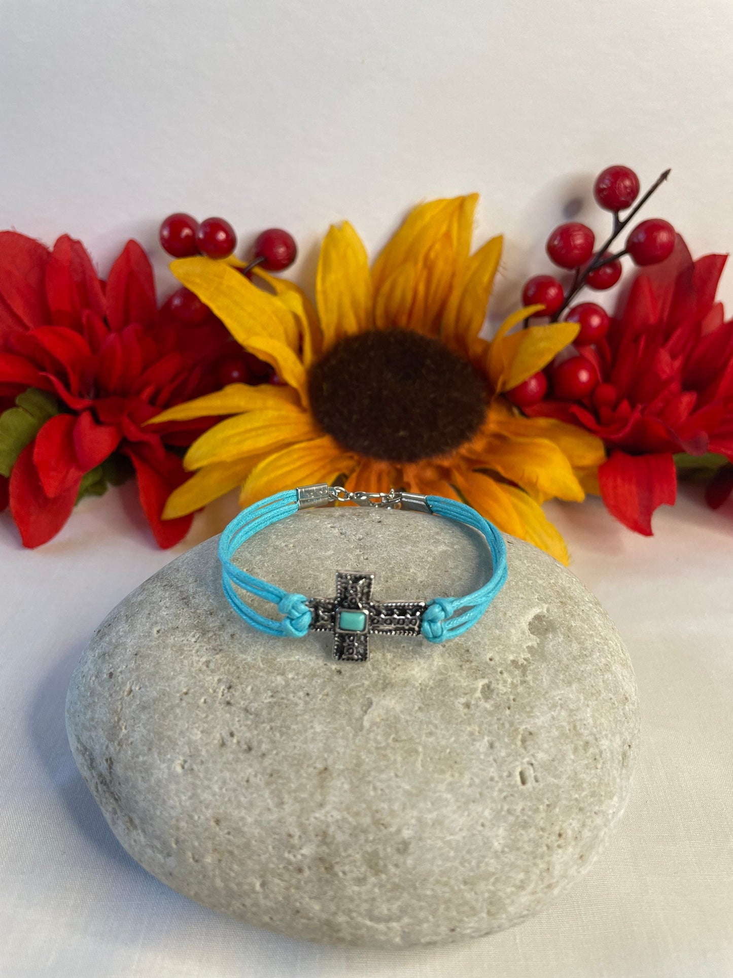 Cross, Turquoise Hemp w/Turq Stone, Silver Metal Inspirational Bracelet.