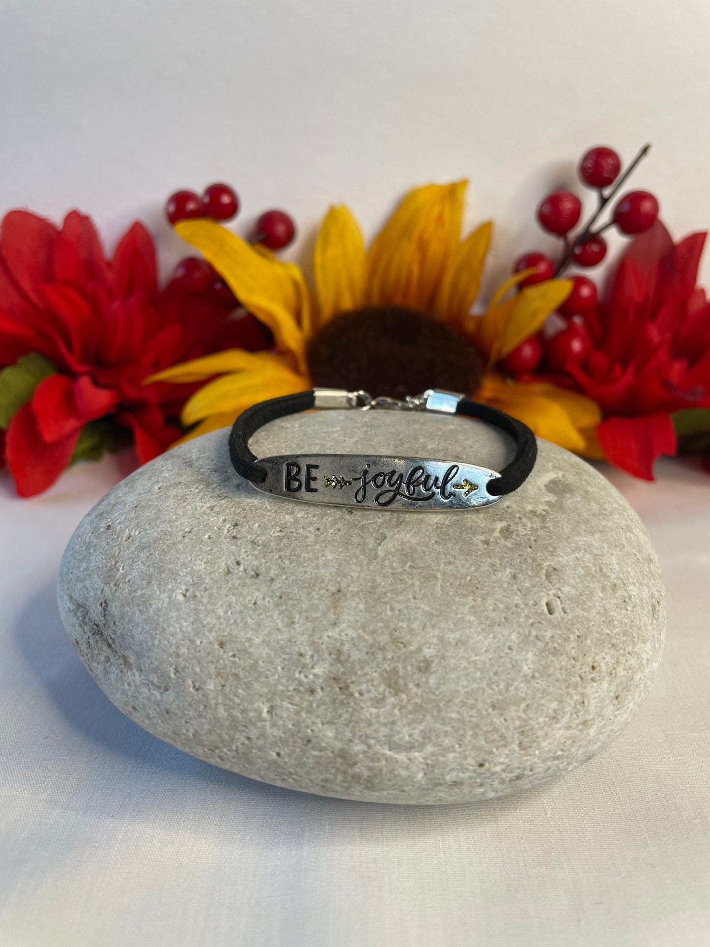 Be Joyful, Black Suede Inspirational Quoted Bracelet.