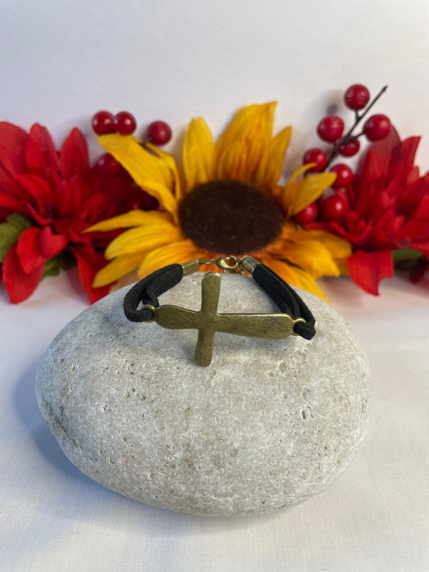 Cross, Black Suede Corded Metal Inspirational Quoted Bracelet