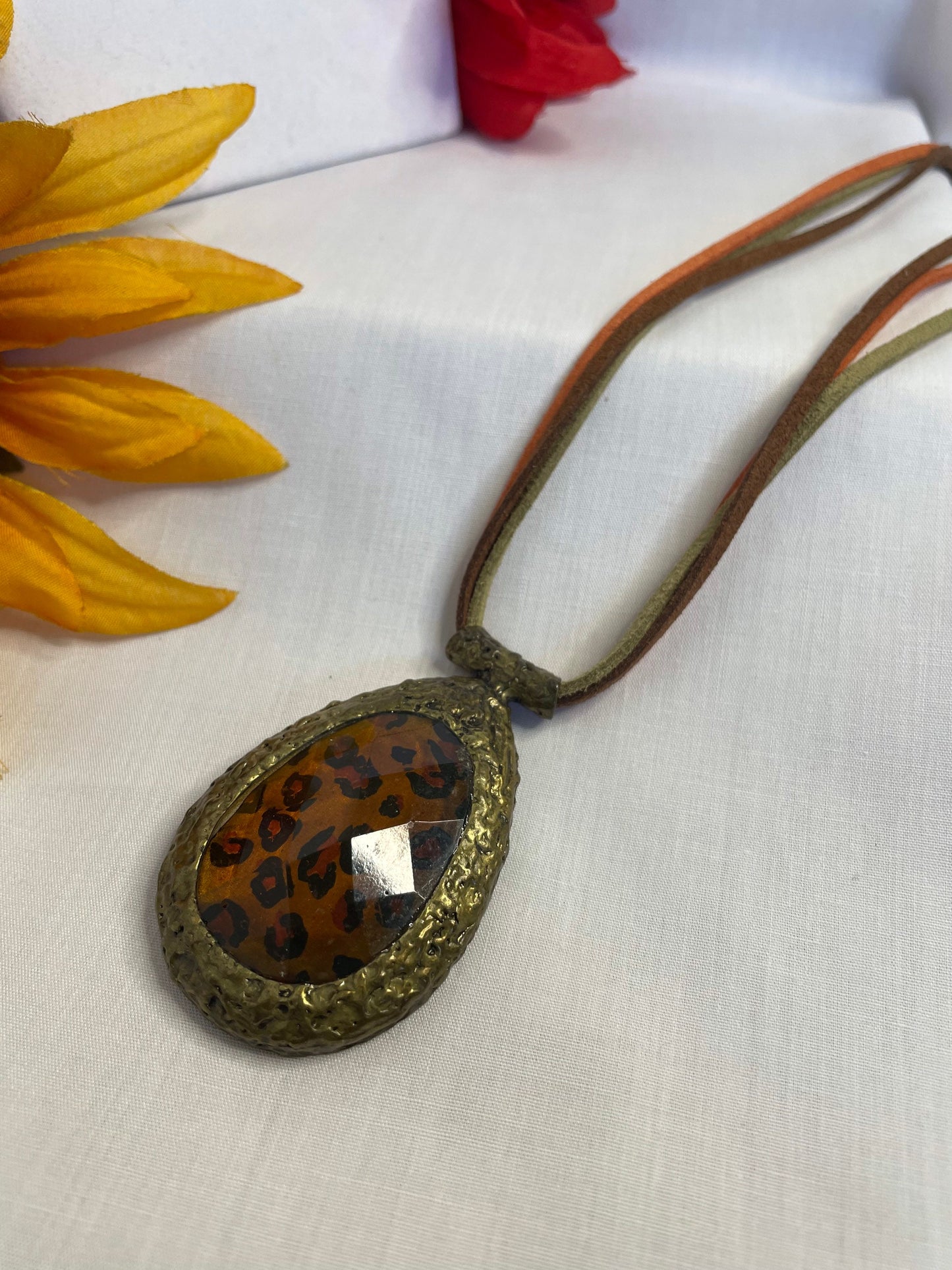 Leopard Printed Necklace w/multi Suede Corded.