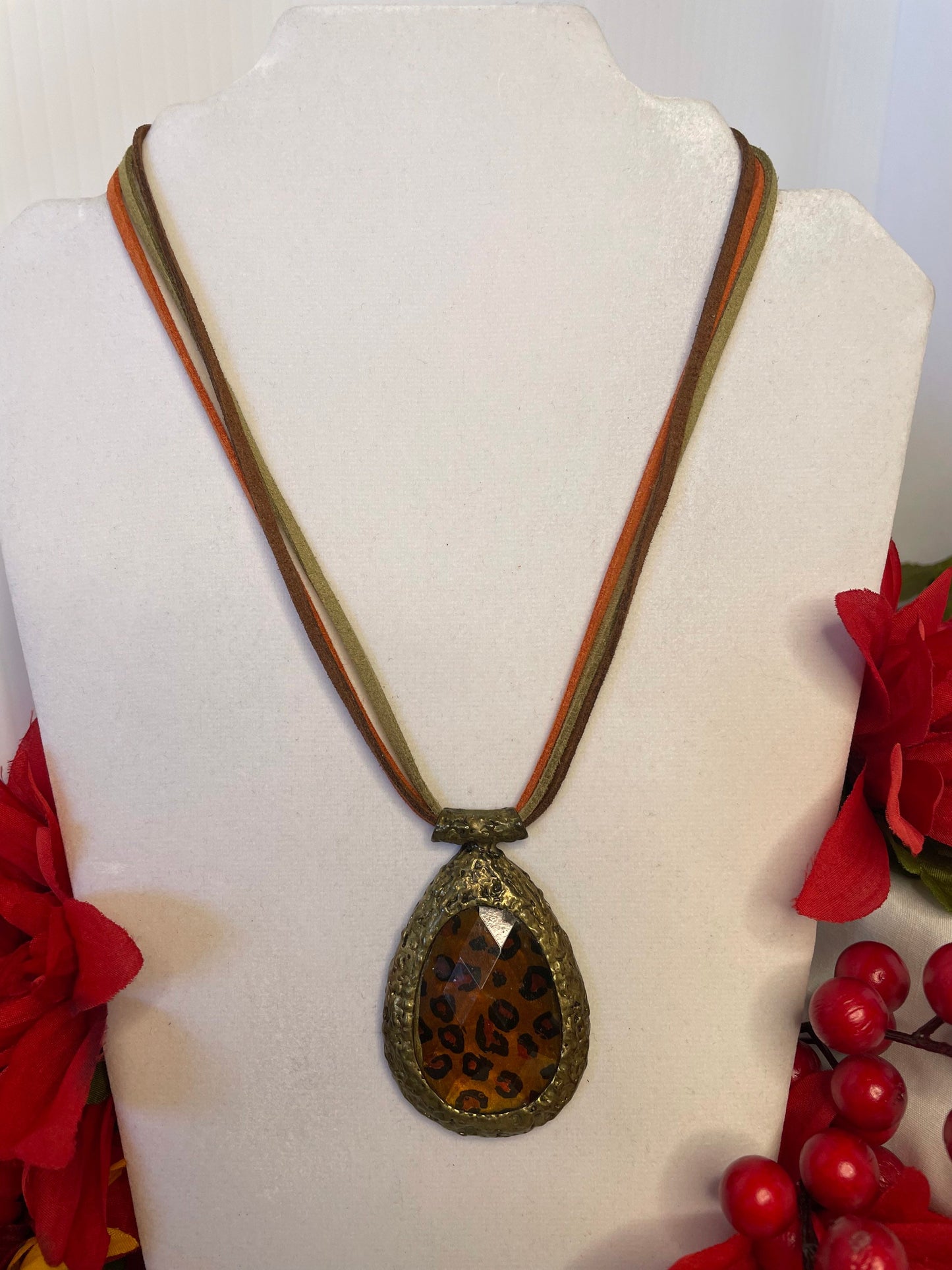 Leopard Printed Necklace w/multi Suede Corded.