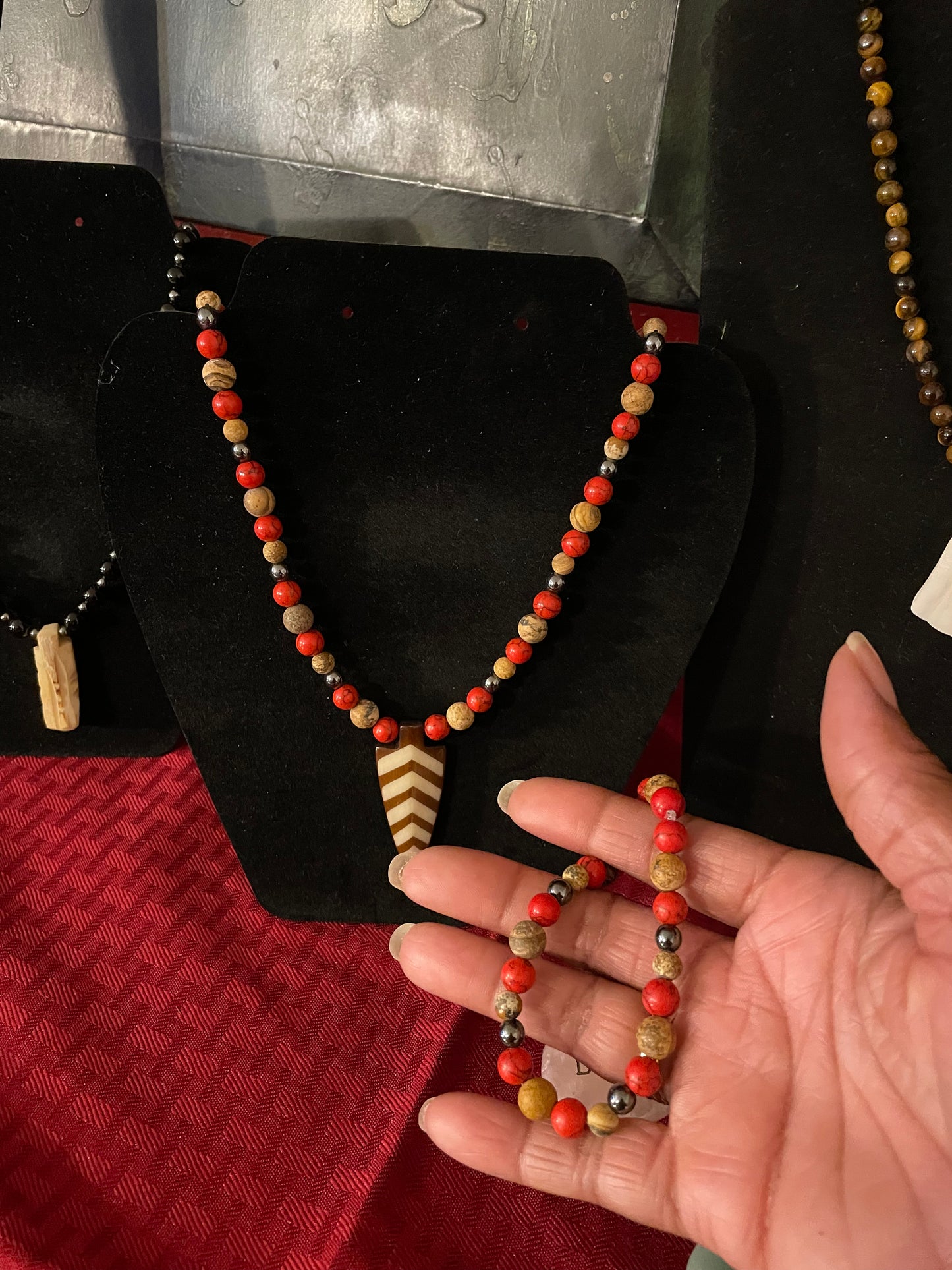 Red Bamboo, Jasper & Hematite Stones, w/ Batik Bone Spear, Healing Jewelry