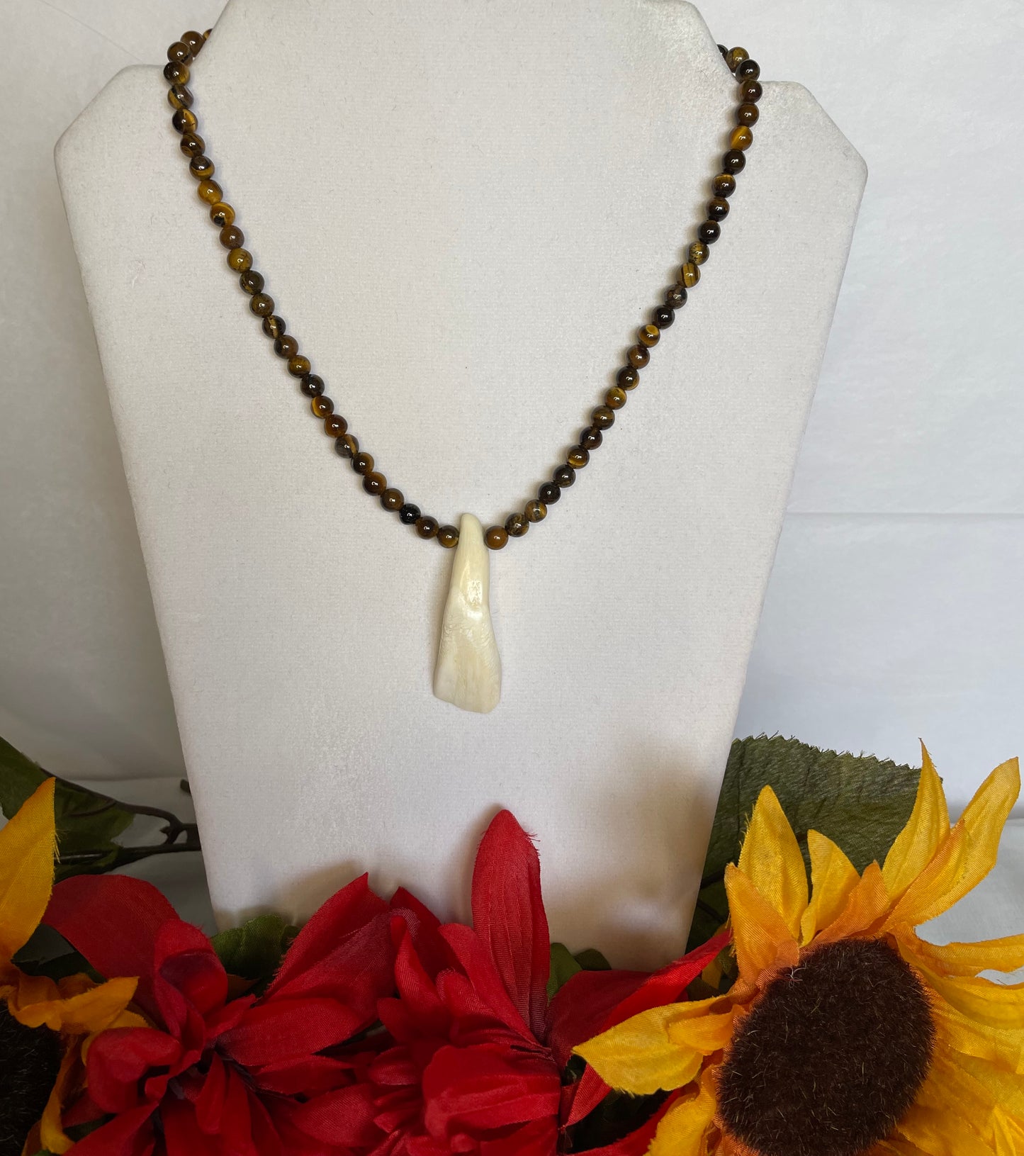 Tiger Eye Stones w/ Water Buffalo Tooth Pendant, Healing Necklace.