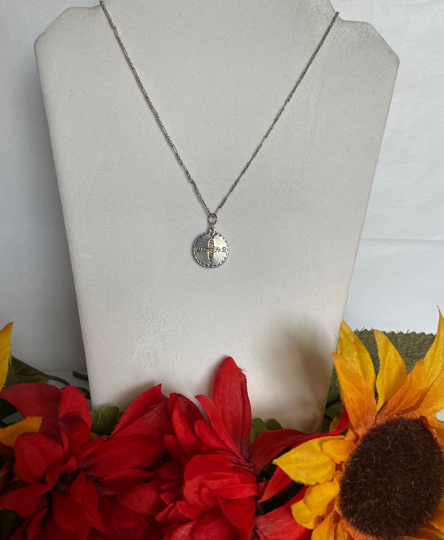 Compass, Silver & Gold Metal Necklace.