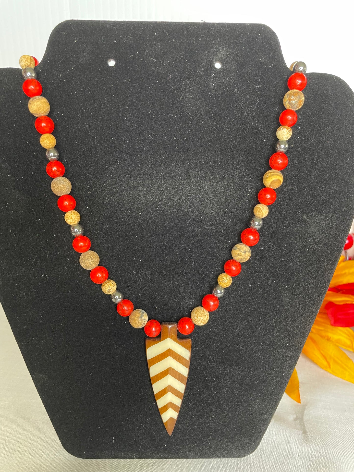 Red Bamboo, Jasper & Hematite Stones, w/ Batik Bone Spear, Healing Jewelry