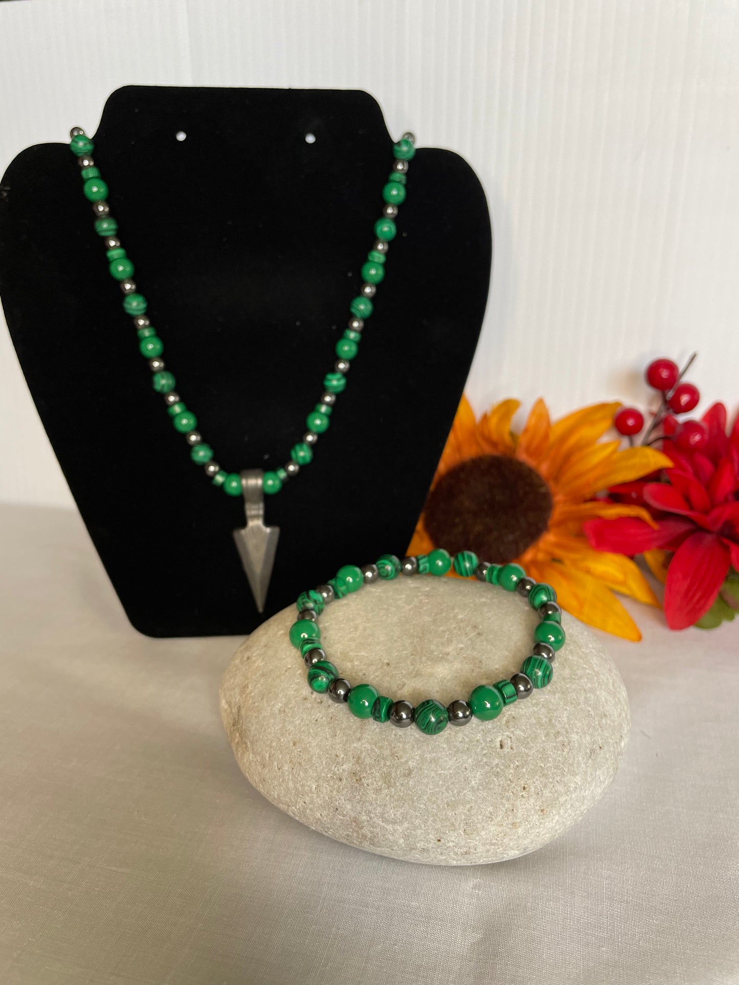 Green Malachite w/ Hematite Stones, w/ Warrior Spear. Healing Jewelry.