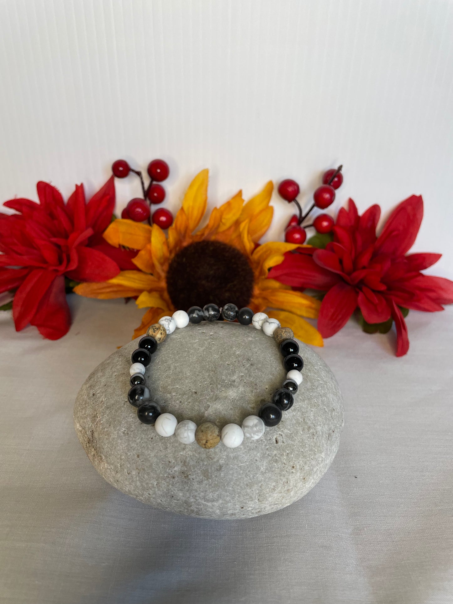 Zebra, White Stones, w/ Black & Beige Jasper Stones w/ Hematite spacer. Healing Jewelry.