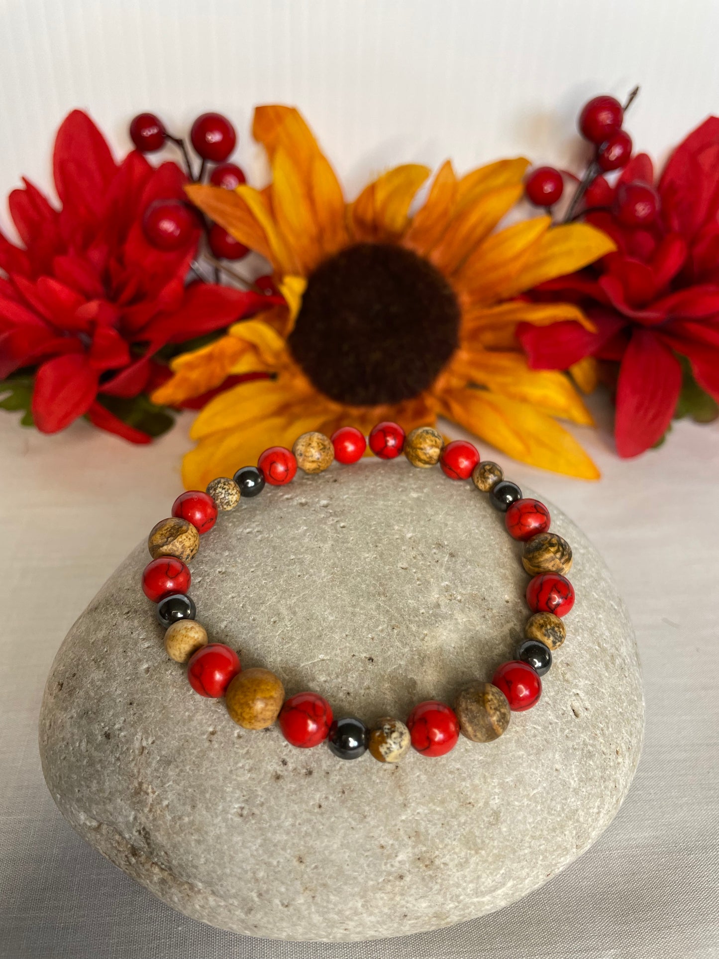 Red Bamboo, Jasper & Hematite Stones, w/ Batik Bone Spear, Healing Jewelry