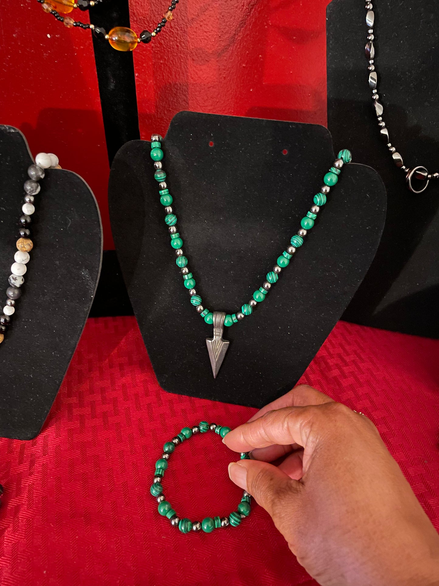 Green Malachite w/ Hematite Stones, w/ Warrior Spear. Healing Jewelry.