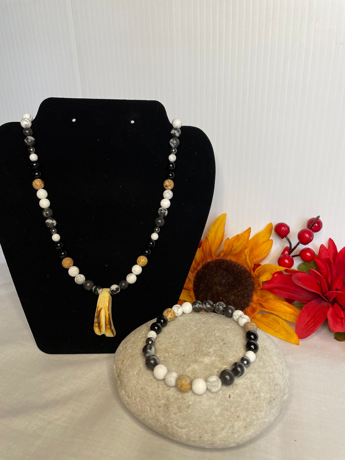 Zebra, White Stones, w/ Black & Beige Jasper Stones w/ Hematite spacer. Healing Jewelry.