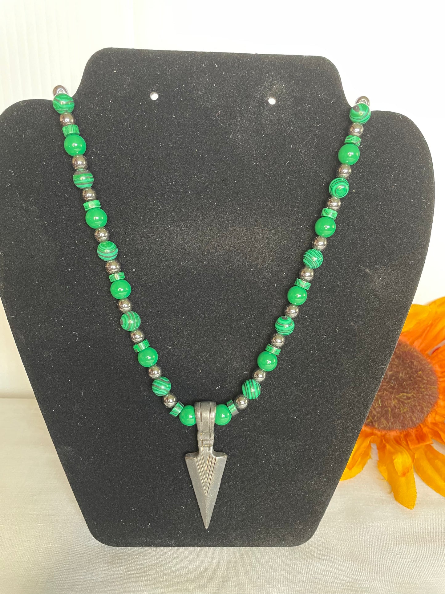 Green Malachite w/ Hematite Stones, w/ Warrior Spear. Healing Jewelry.