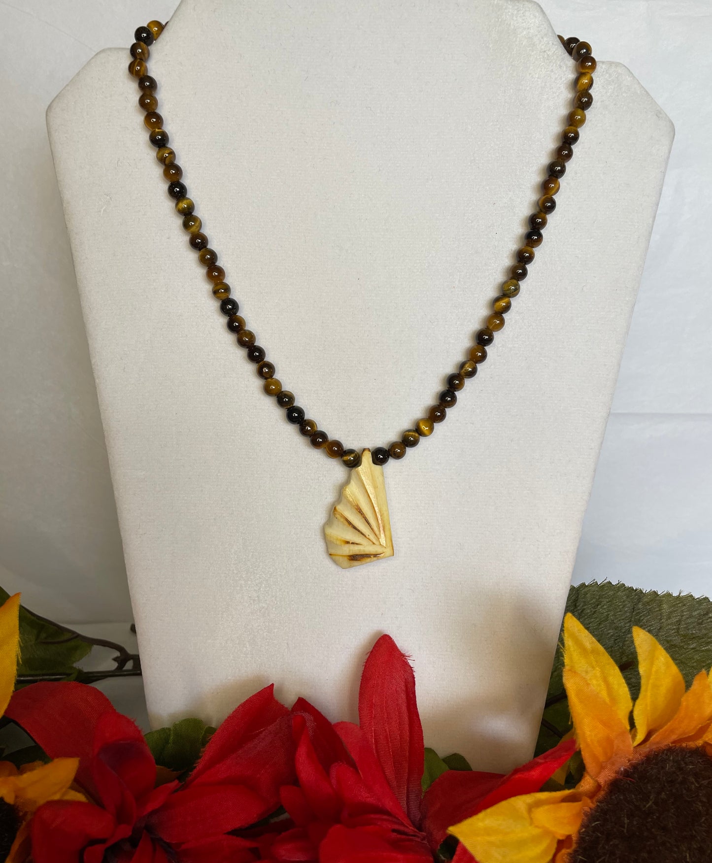 Tiger Eye Stones w/Carved Ivory Pendant, Healing Necklace.