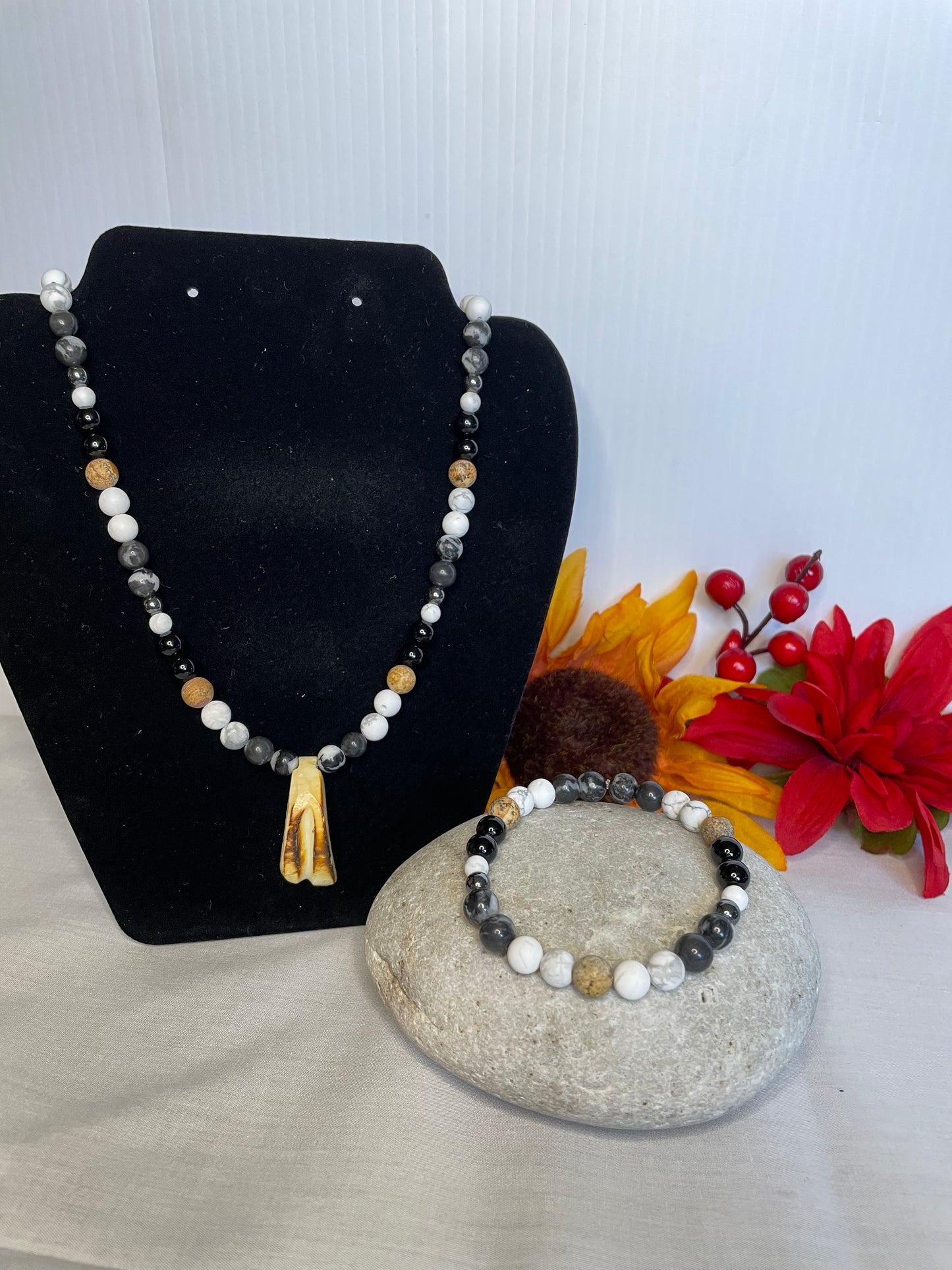 Zebra, White Stones, w/ Black & Beige Jasper Stones w/ Hematite spacer. Healing Jewelry.