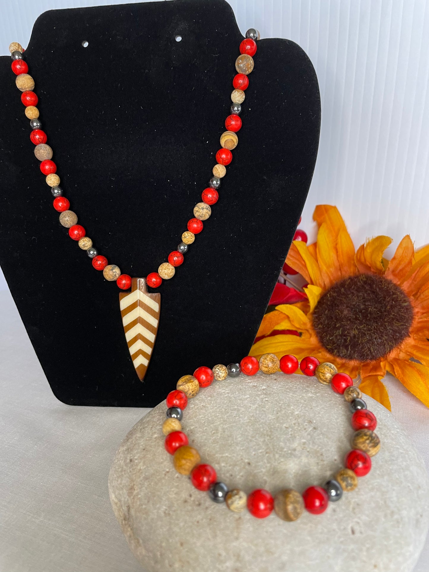 Red Bamboo, Jasper & Hematite Stones, w/ Batik Bone Spear, Healing Jewelry