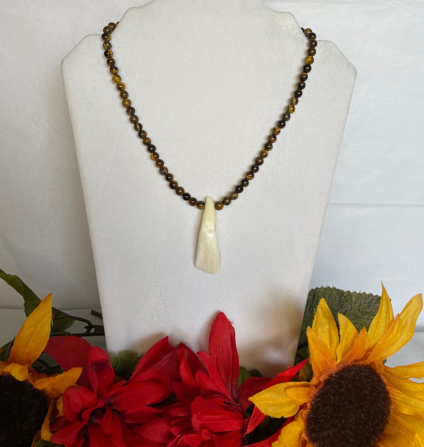 Tiger Eye Stones w/ Water Buffalo Tooth Pendant, Healing Necklace.