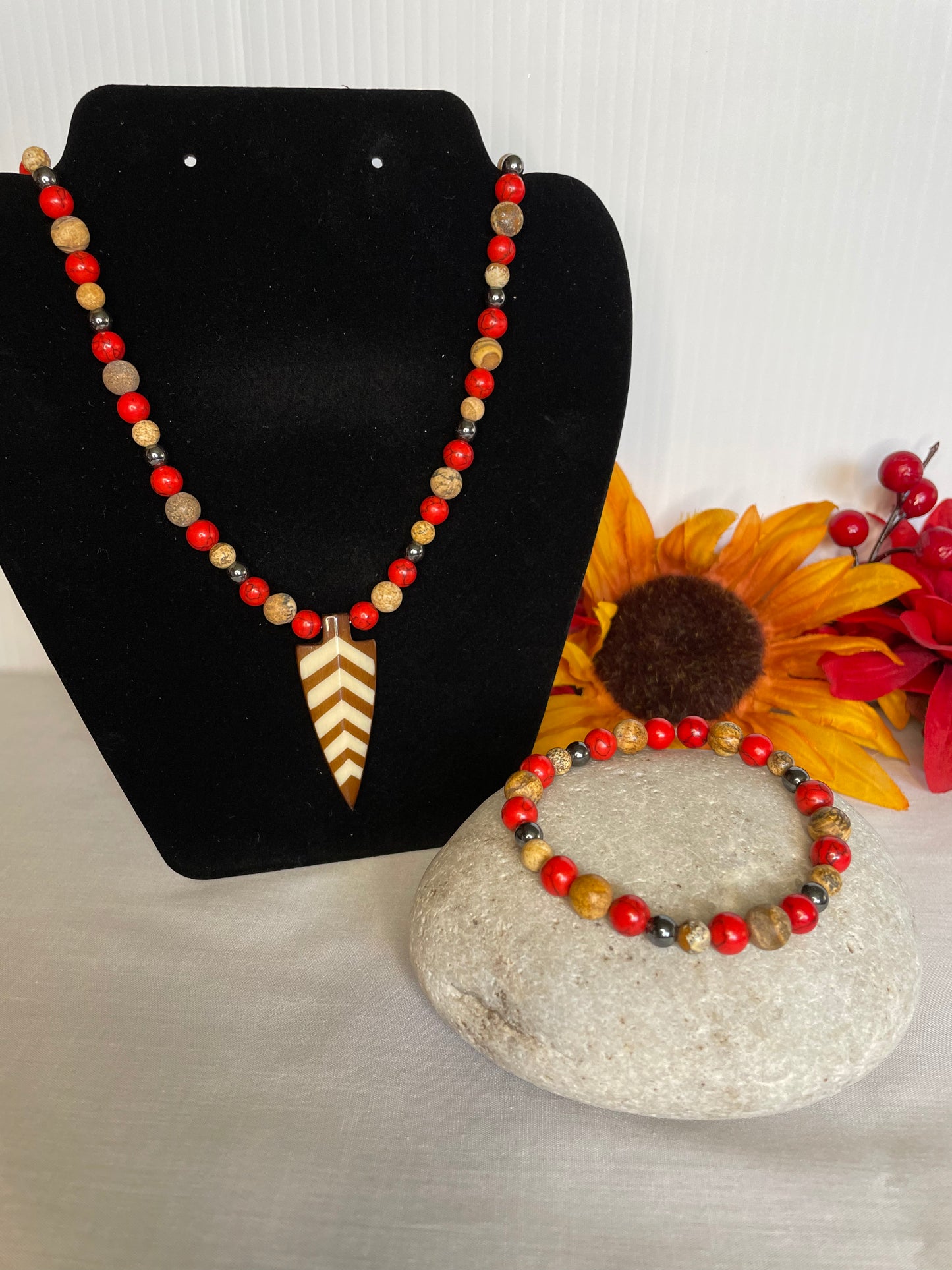 Red Bamboo, Jasper & Hematite Stones, w/ Batik Bone Spear, Healing Jewelry