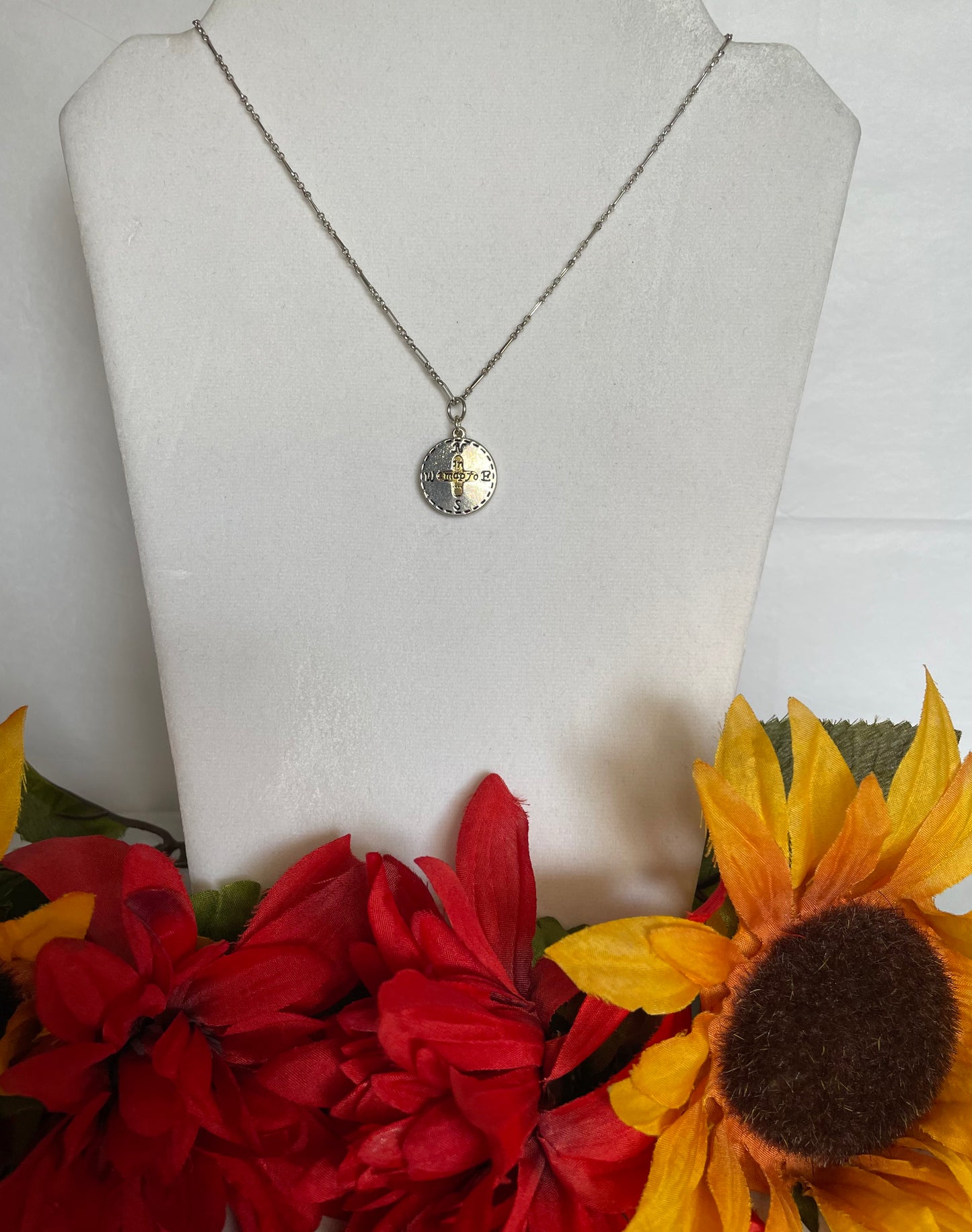 Compass, Silver & Gold Metal Necklace.