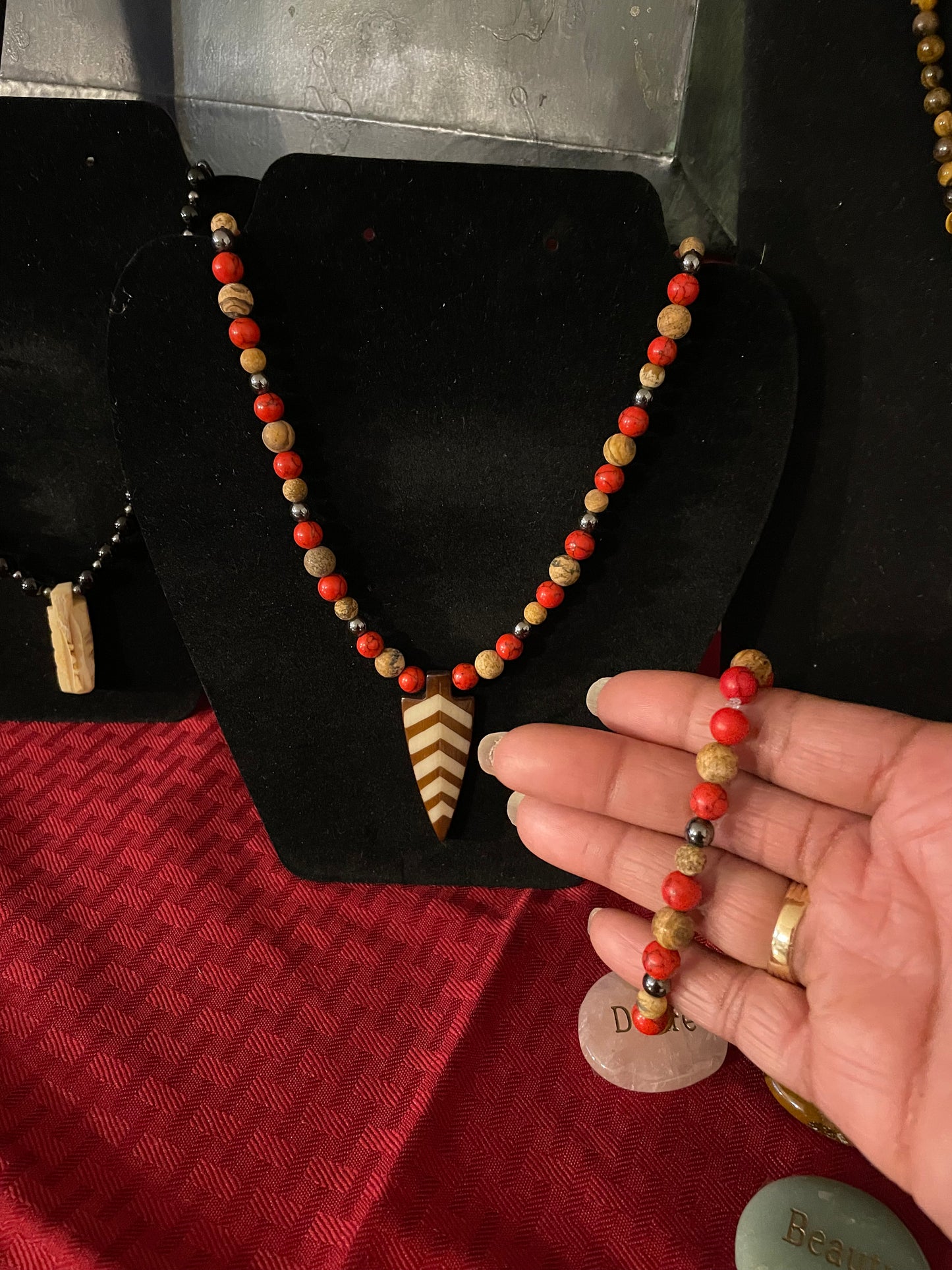 Red Bamboo, Jasper & Hematite Stones, w/ Batik Bone Spear, Healing Jewelry