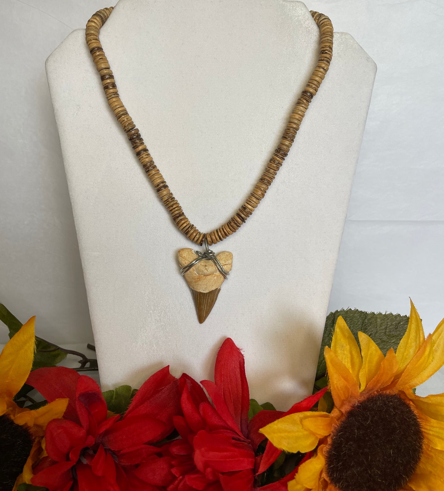 Natural Wood Beaded w/Shark Tooth Pendant, Healing Necklace.